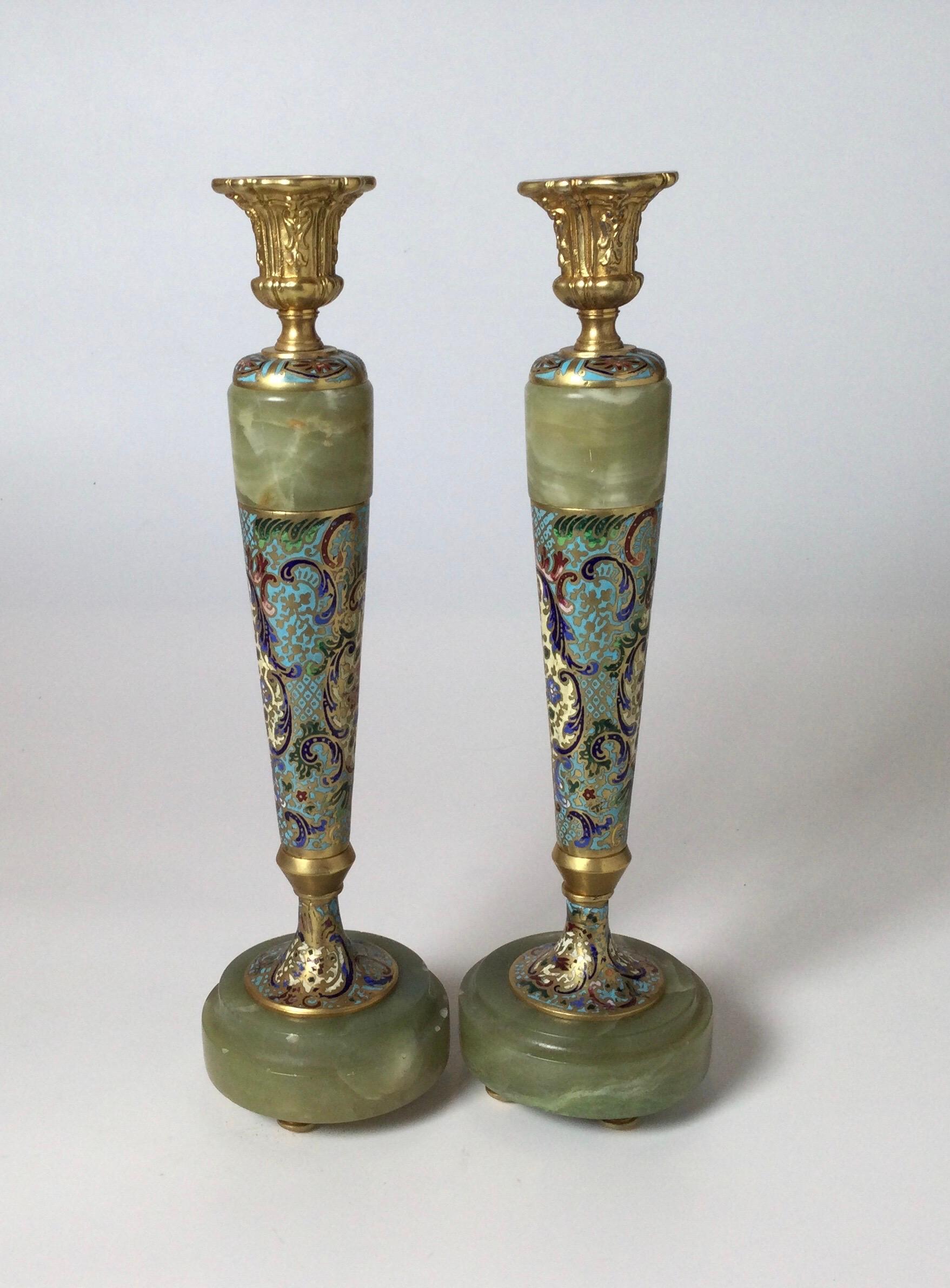 Circa 1900 Gilt Bronze Champleve' and Onyx Tall Candlesticks In Good Condition In Lambertville, NJ