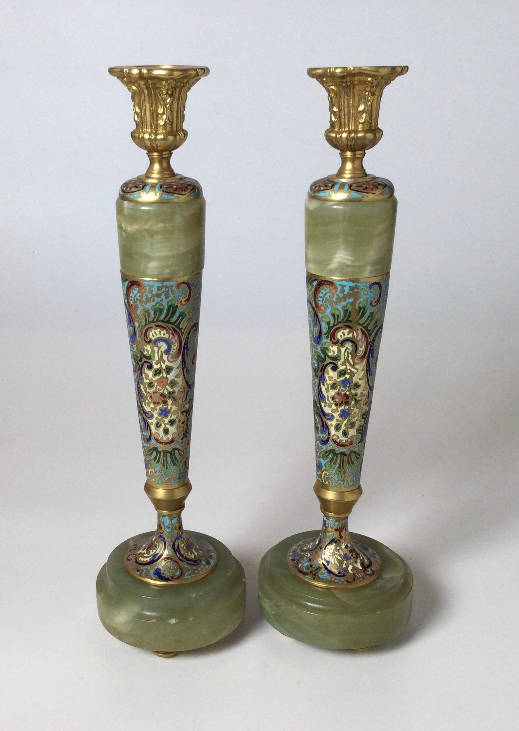 19th Century Circa 1900 Gilt Bronze Champleve' and Onyx Tall Candlesticks