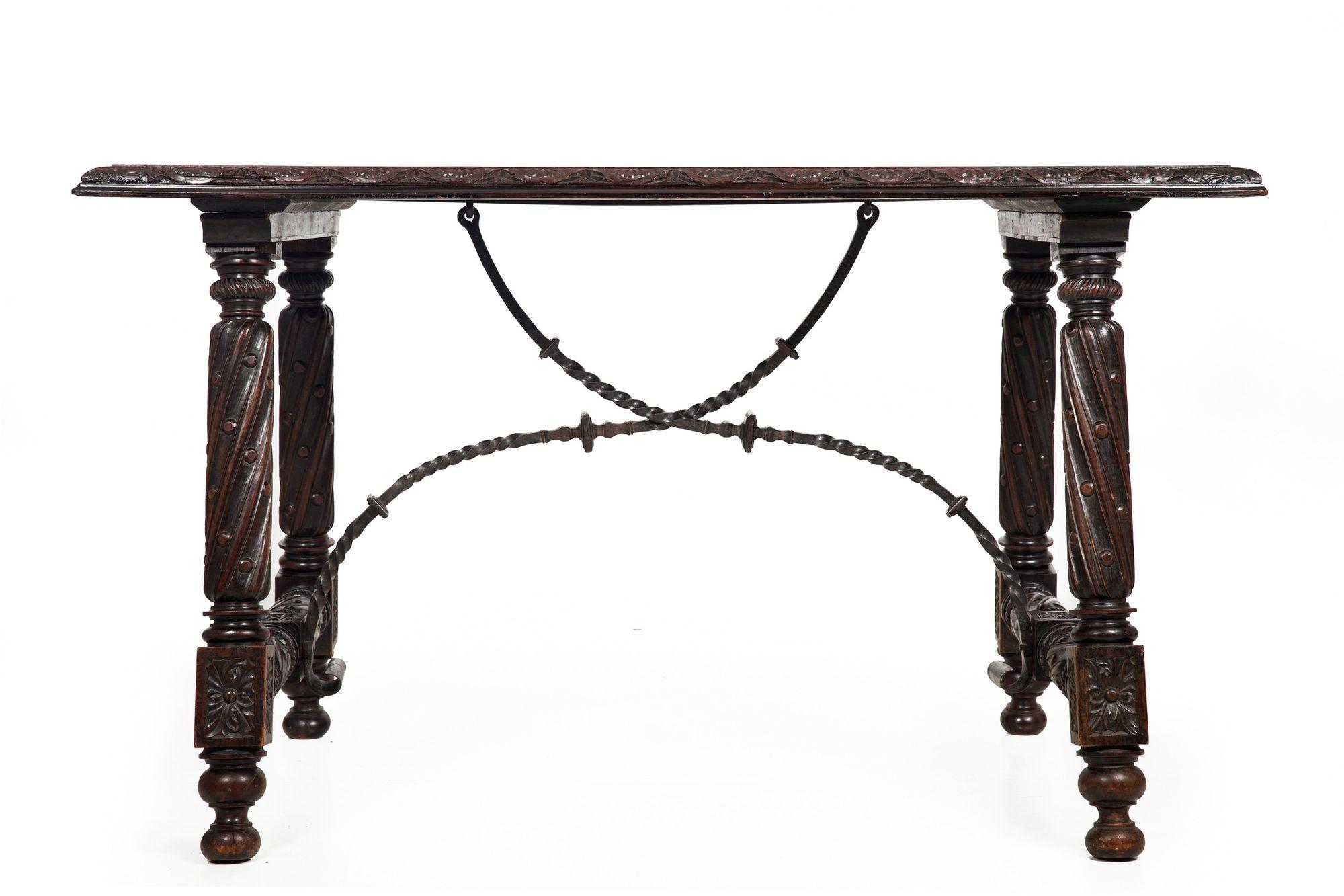 Stained Circa 1900 Gothic Revival Antique Carved Walnut Library Table For Sale