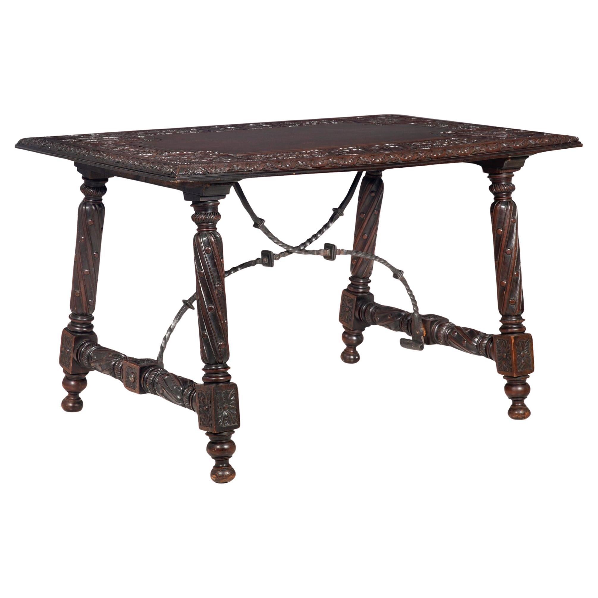 Circa 1900 Gothic Revival Antique Carved Walnut Library Table For Sale