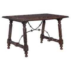 Circa 1900 Gothic Revival Antique Carved Walnut Library Table