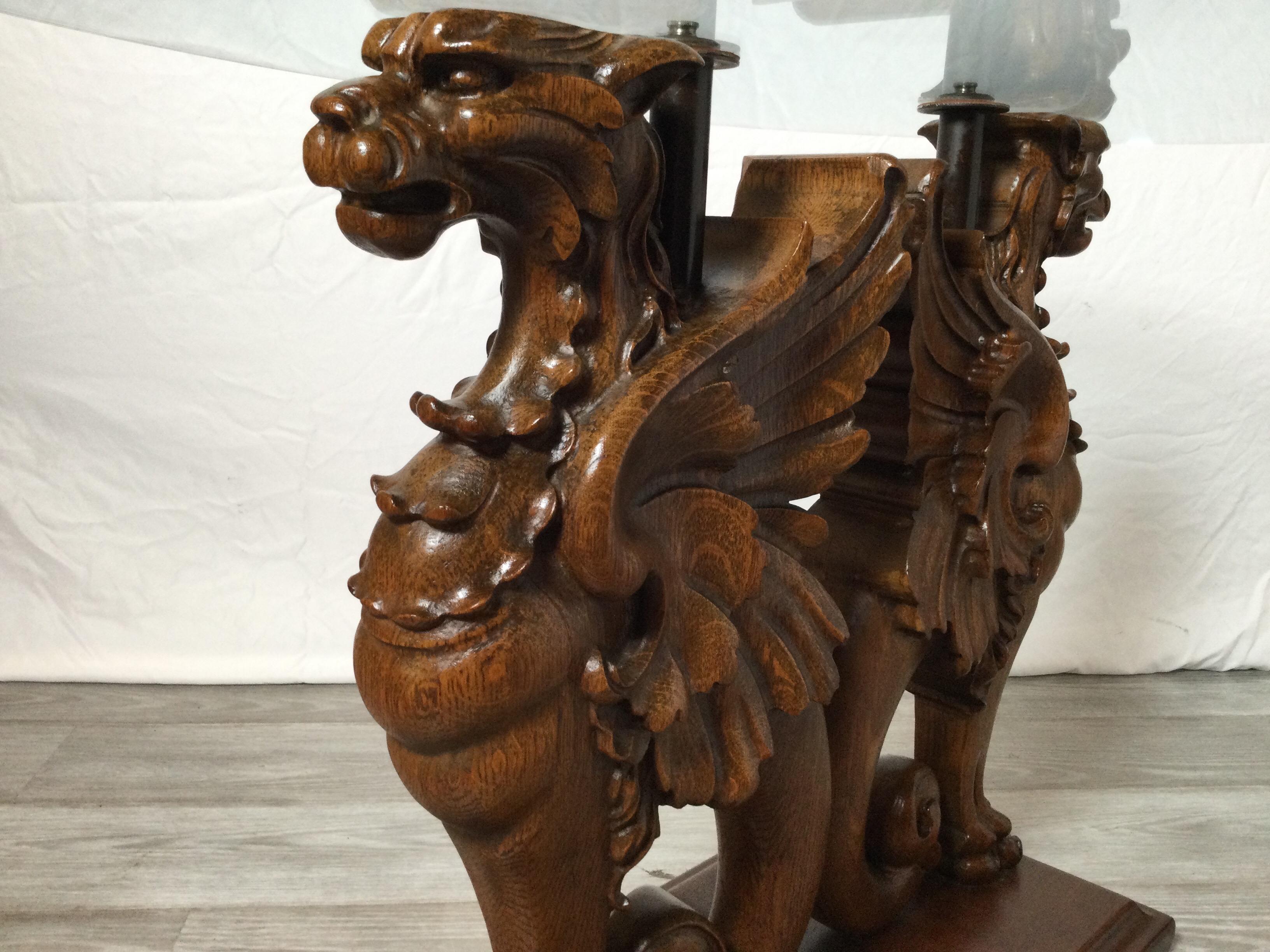 European Circa 1900 Hand Carved Oak Griffin Glass Top Low Table, Cocktail Table For Sale