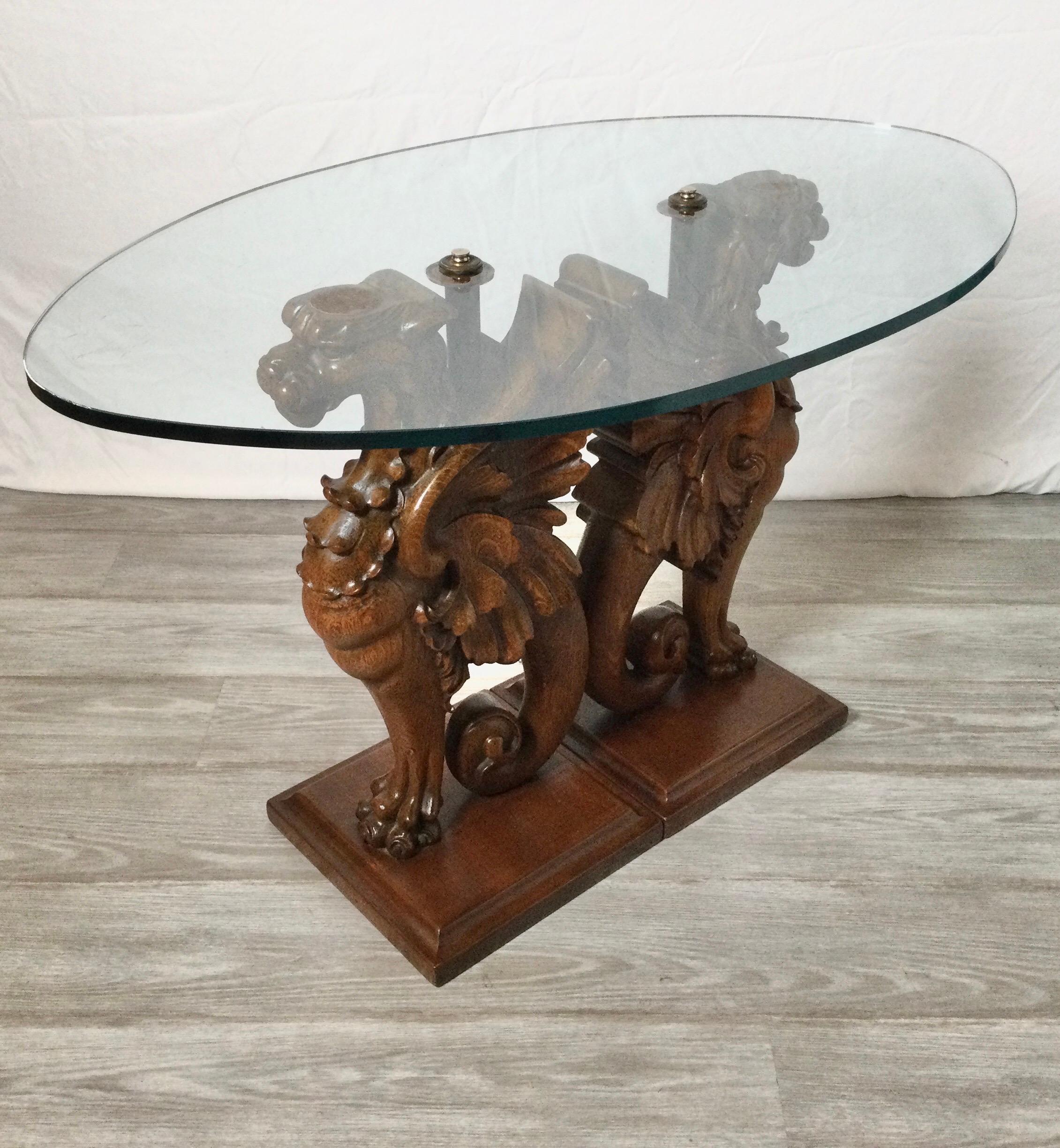 Circa 1900 Hand Carved Oak Griffin Glass Top Low Table, Cocktail Table In Good Condition For Sale In Lambertville, NJ