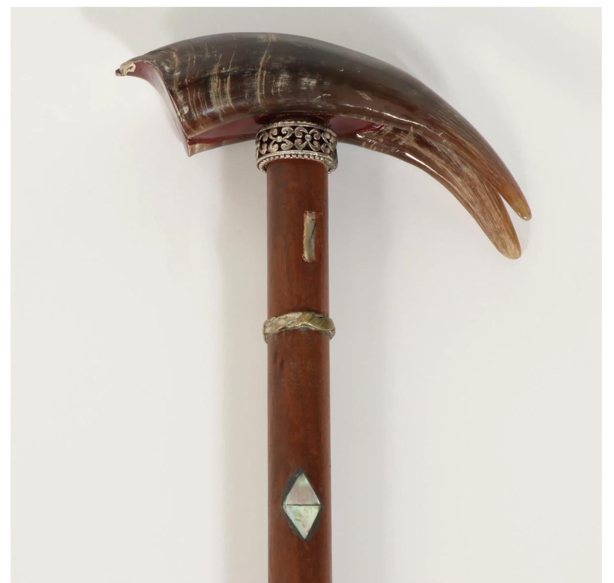 Belle Époque Horn Wood Sterling Walking Stick-Horn, Mother of Pearl Inlay, circa 1900 For Sale