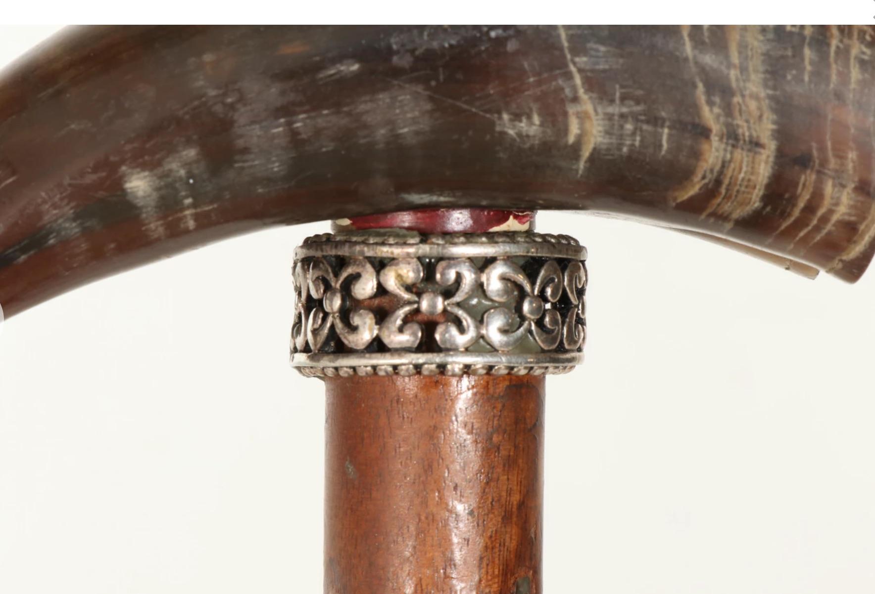Repoussé Horn Wood Sterling Walking Stick-Horn, Mother of Pearl Inlay, circa 1900 For Sale