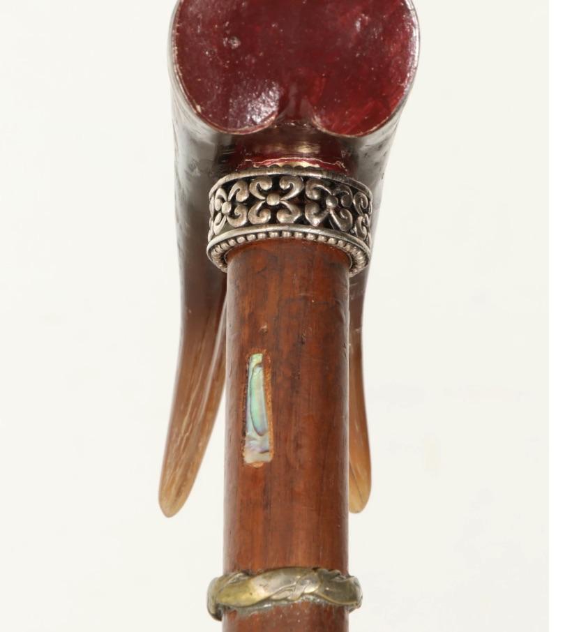 Horn Wood Sterling Walking Stick-Horn, Mother of Pearl Inlay, circa 1900 In Good Condition For Sale In West Palm Beach, FL