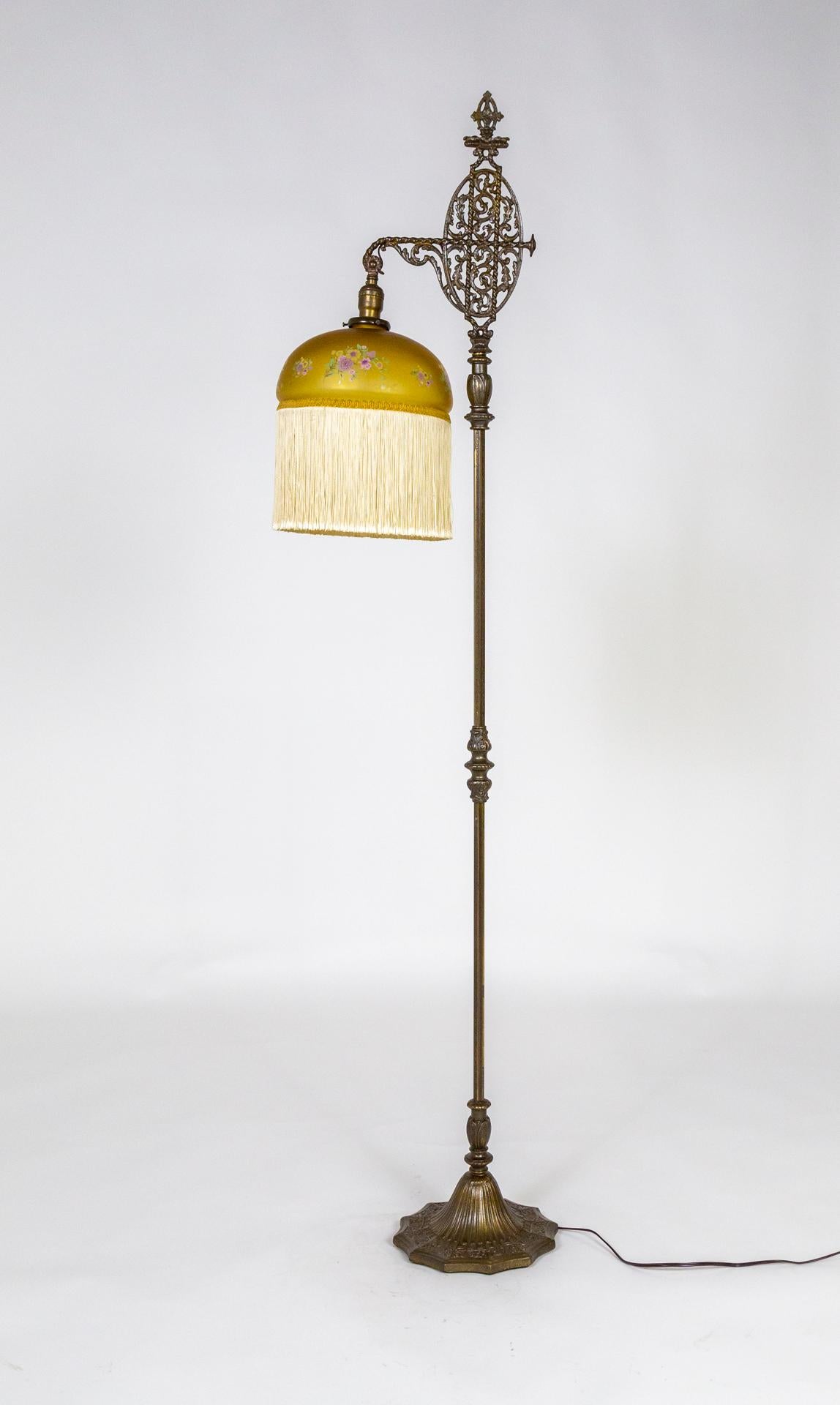 circa 1900 Intricate Cast Metal Floor Lamp W/ Vianne Amber Glass Fringed Shade 3