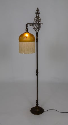 circa 1900 Intricate Cast Metal Floor Lamp W/ Vianne Amber Glass Fringed Shade