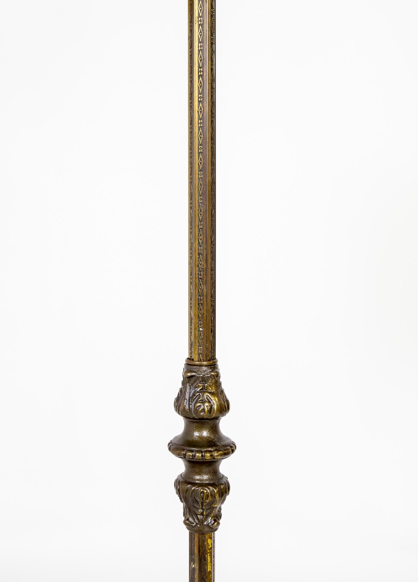 Victorian circa 1900 Intricate Cast Metal Floor Lamp W/ Vianne Amber Glass Fringed Shade