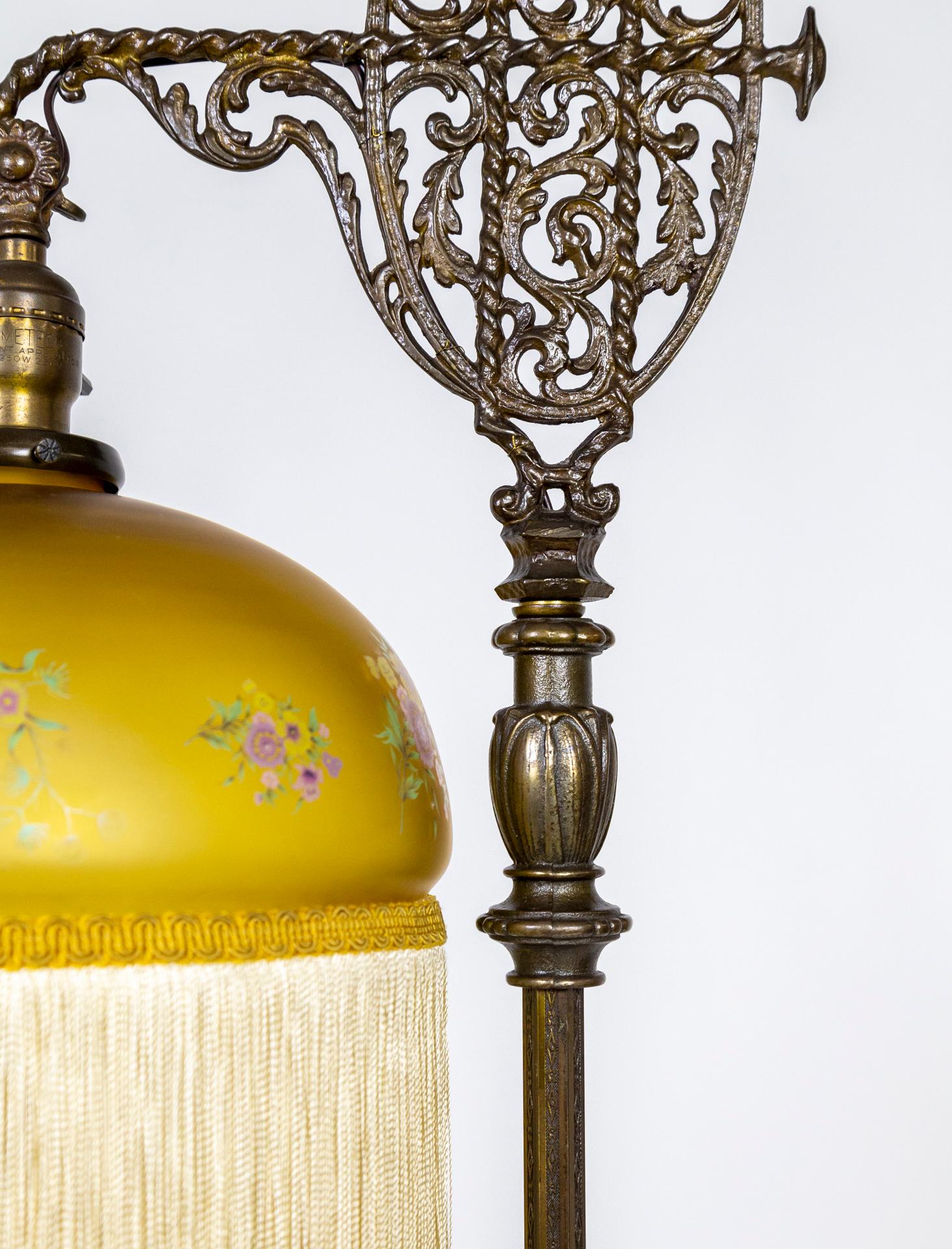 circa 1900 Intricate Cast Metal Floor Lamp W/ Vianne Amber Glass Fringed Shade In Good Condition In San Francisco, CA