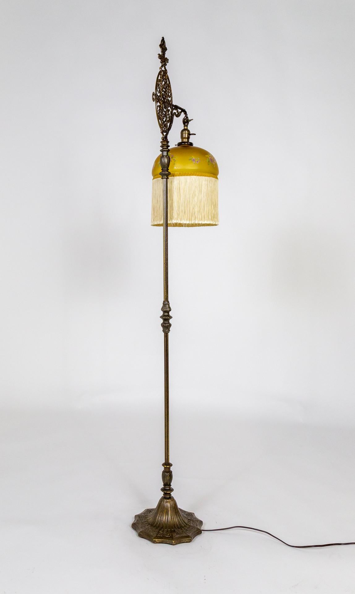 Early 20th Century circa 1900 Intricate Cast Metal Floor Lamp W/ Vianne Amber Glass Fringed Shade