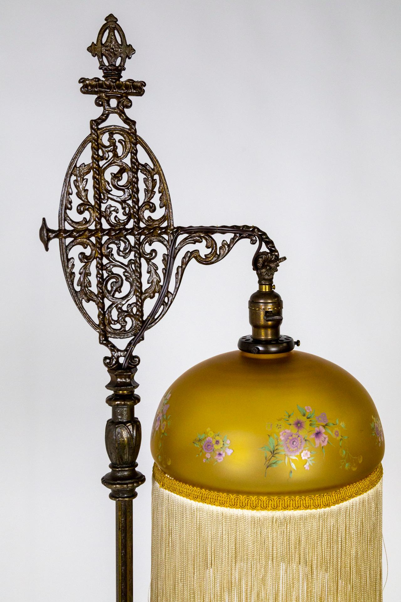 circa 1900 Intricate Cast Metal Floor Lamp W/ Vianne Amber Glass Fringed Shade 1