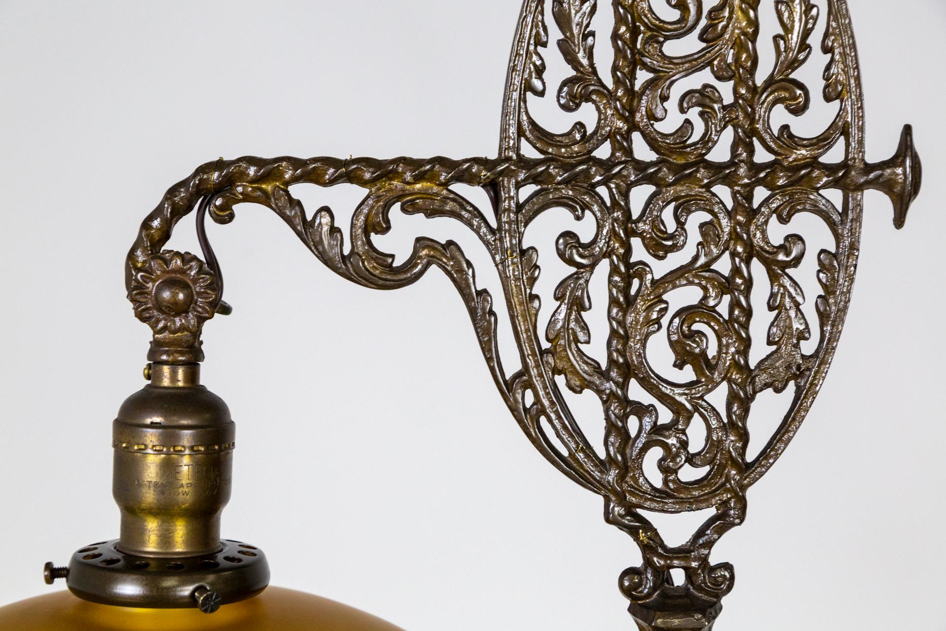 circa 1900 Intricate Cast Metal Floor Lamp W/ Vianne Amber Glass Fringed Shade 2