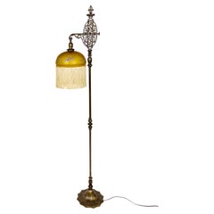 circa 1900 Intricate Cast Metal Floor Lamp W/ Vianne Amber Glass Fringed Shade