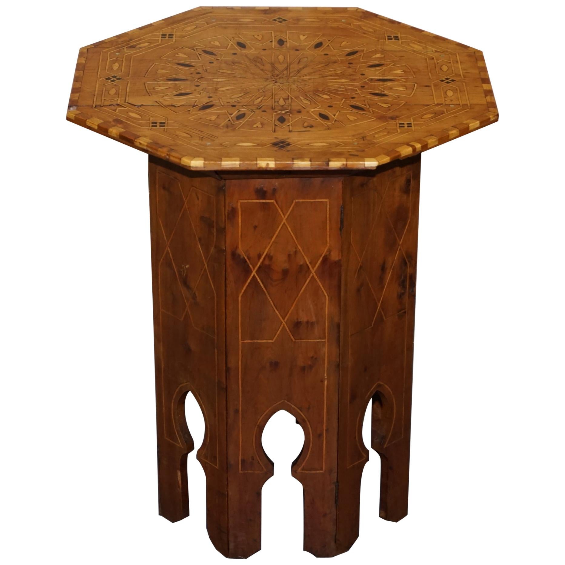 Islamic Marquetry Inlaid Walnut Octagonal Side End Lamp Wine Table, circa 1900