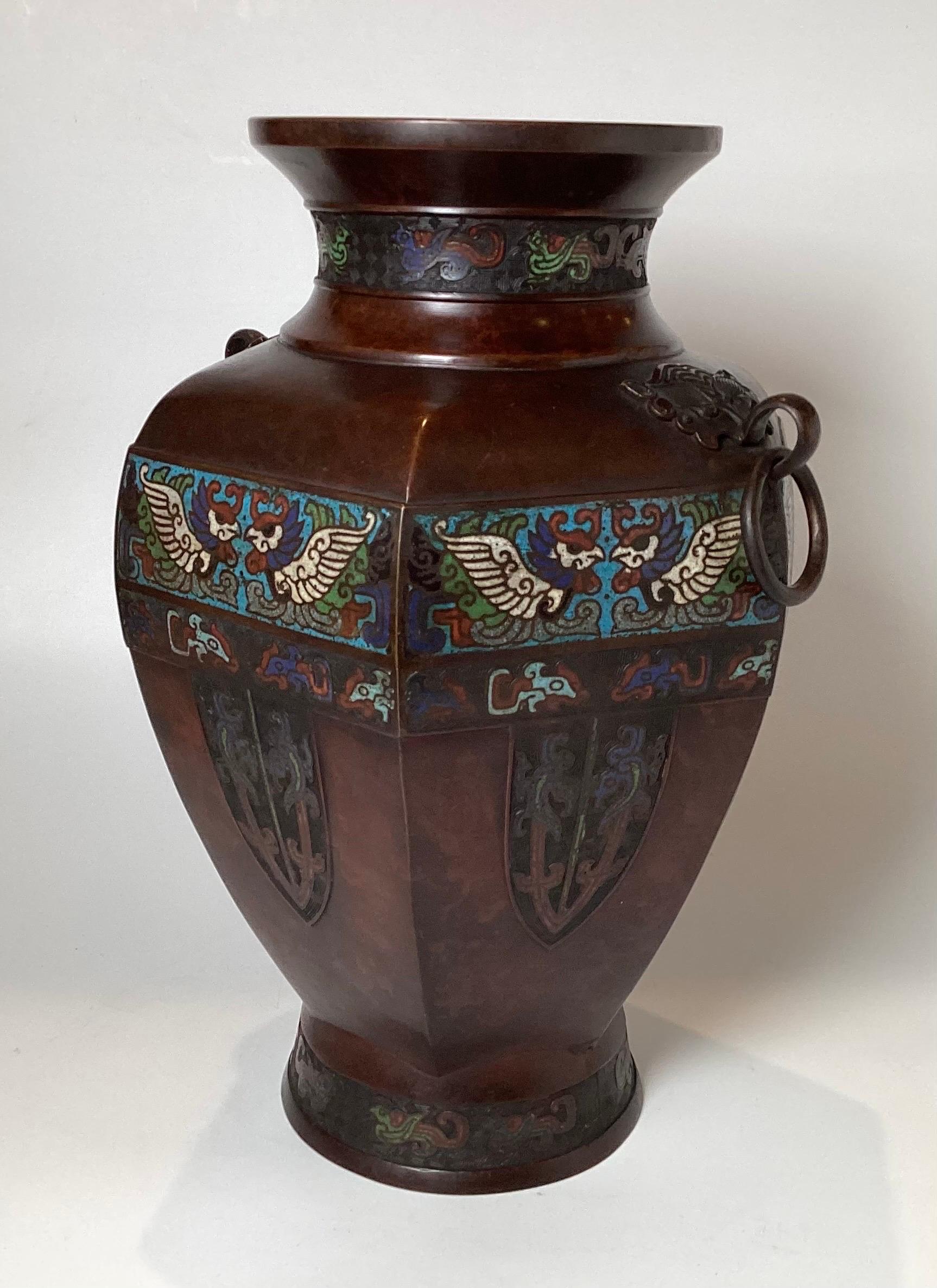 Circa 1900 Japanese Bronze Champleve Enamel Large Vase In Good Condition For Sale In Lambertville, NJ