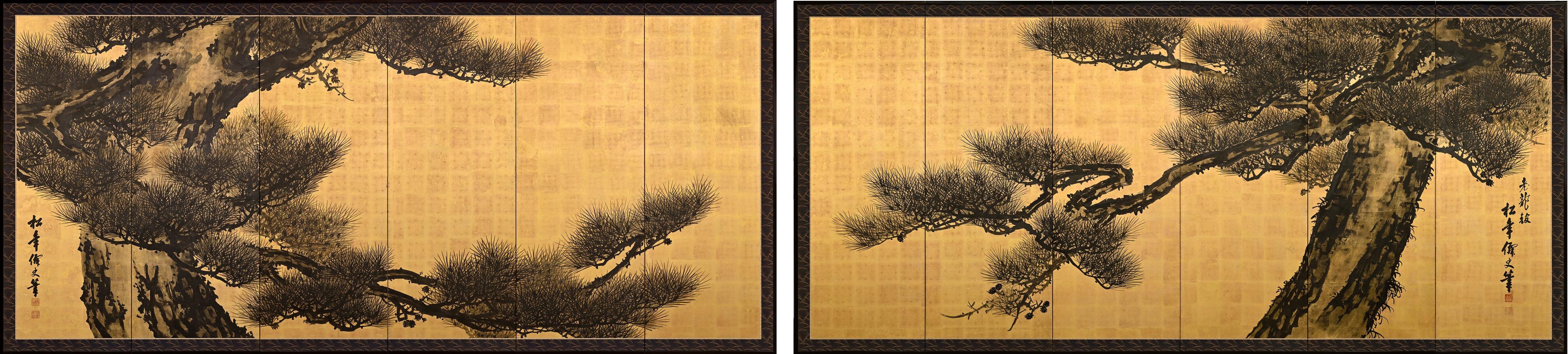 Suzuki Shonen (1848-1918)

Aged Dragons

Meiji period (1868-1912). Circa 1900.

A pair of six-panel Japanese screens. Ink and gold leaf on paper.

As with the pair of Shonen pine screens in the collection of the Indianapolis Museum, this painting's