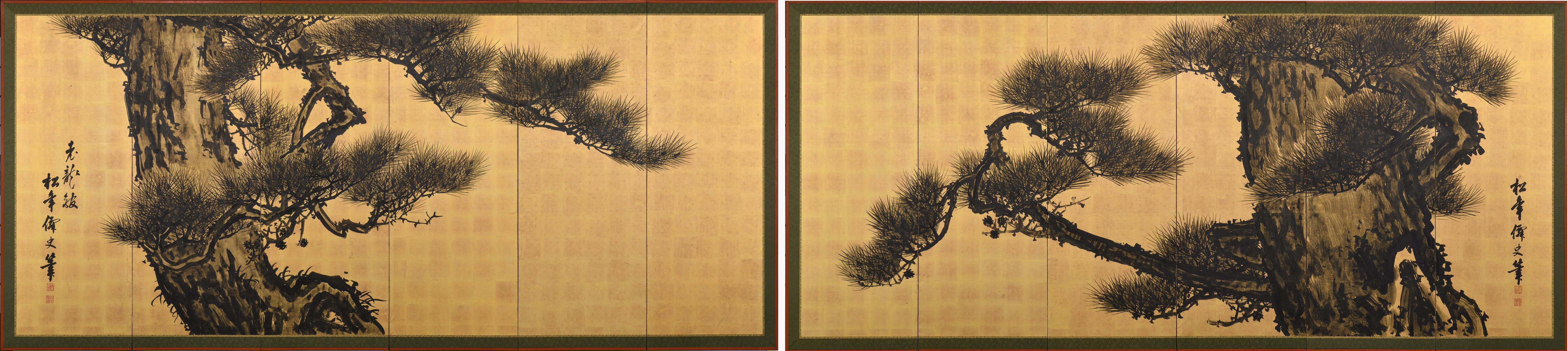Suzuki Shonen (1848-1918)

Aged Dragons

A pair of six-panel Japanese screens. Ink and gold leaf on paper.

Dimensions: Each Screen: H. 170 cm x 378 cm (67