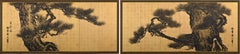Circa 1900 Japanese Pine Screen Pair. Aged Dragons by Suzuki Shonen.