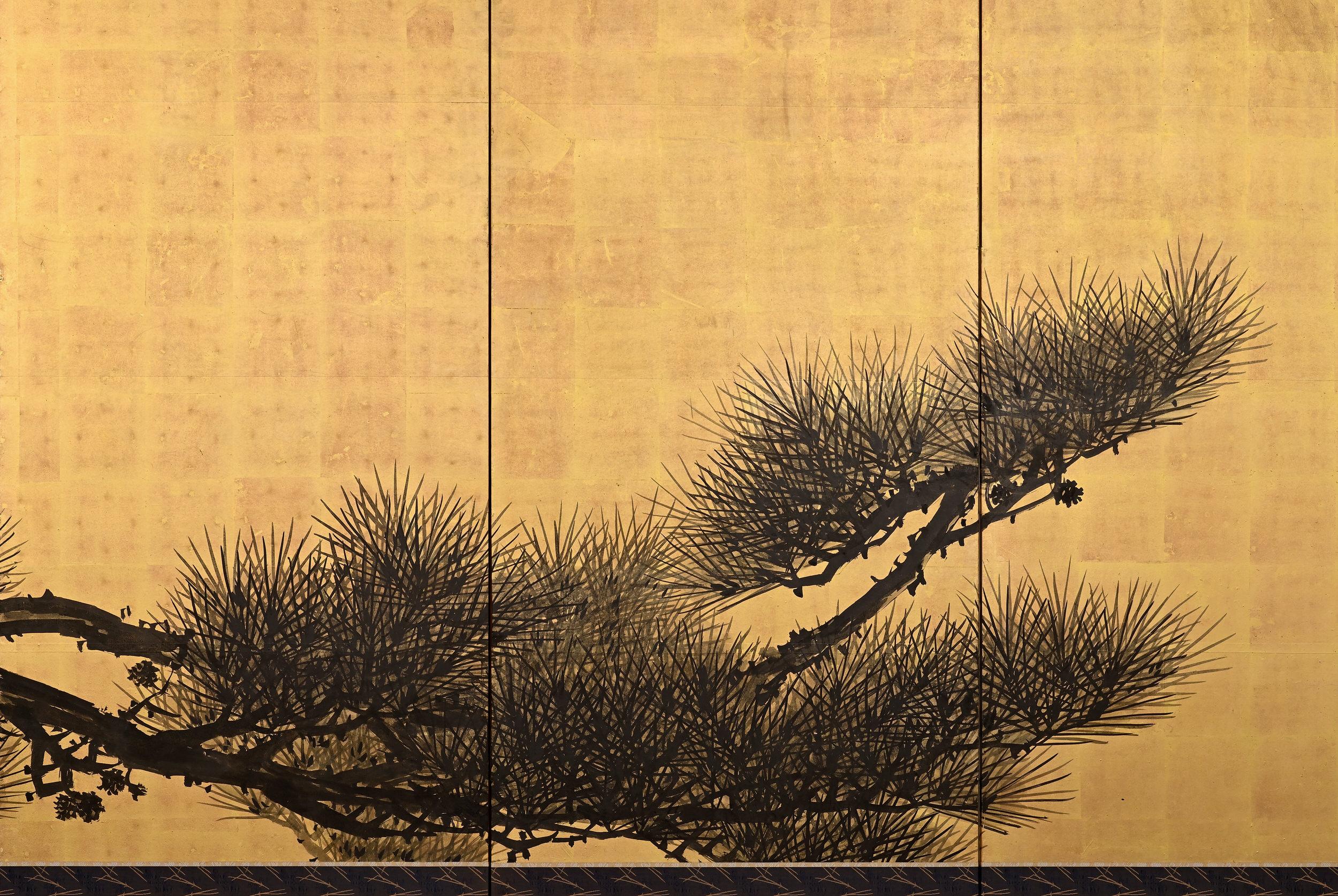 Hand-Painted Circa 1900 Japanese Pine Screen Pair. Aged Dragons by Suzuki Shonen.