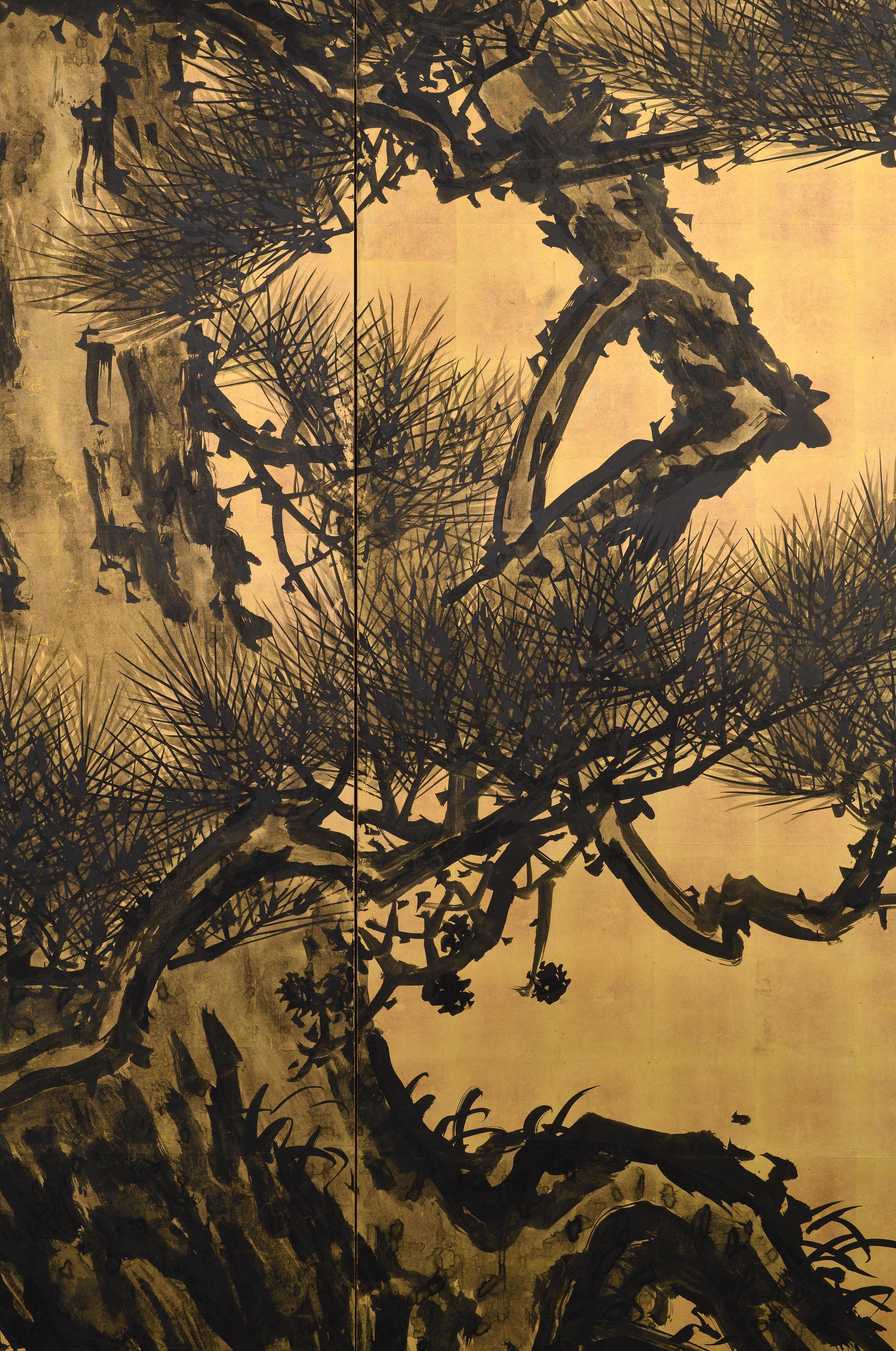 Circa 1900 Japanese Pine Screen Pair. Aged Dragons by Suzuki Shonen. In Good Condition For Sale In Kyoto, JP