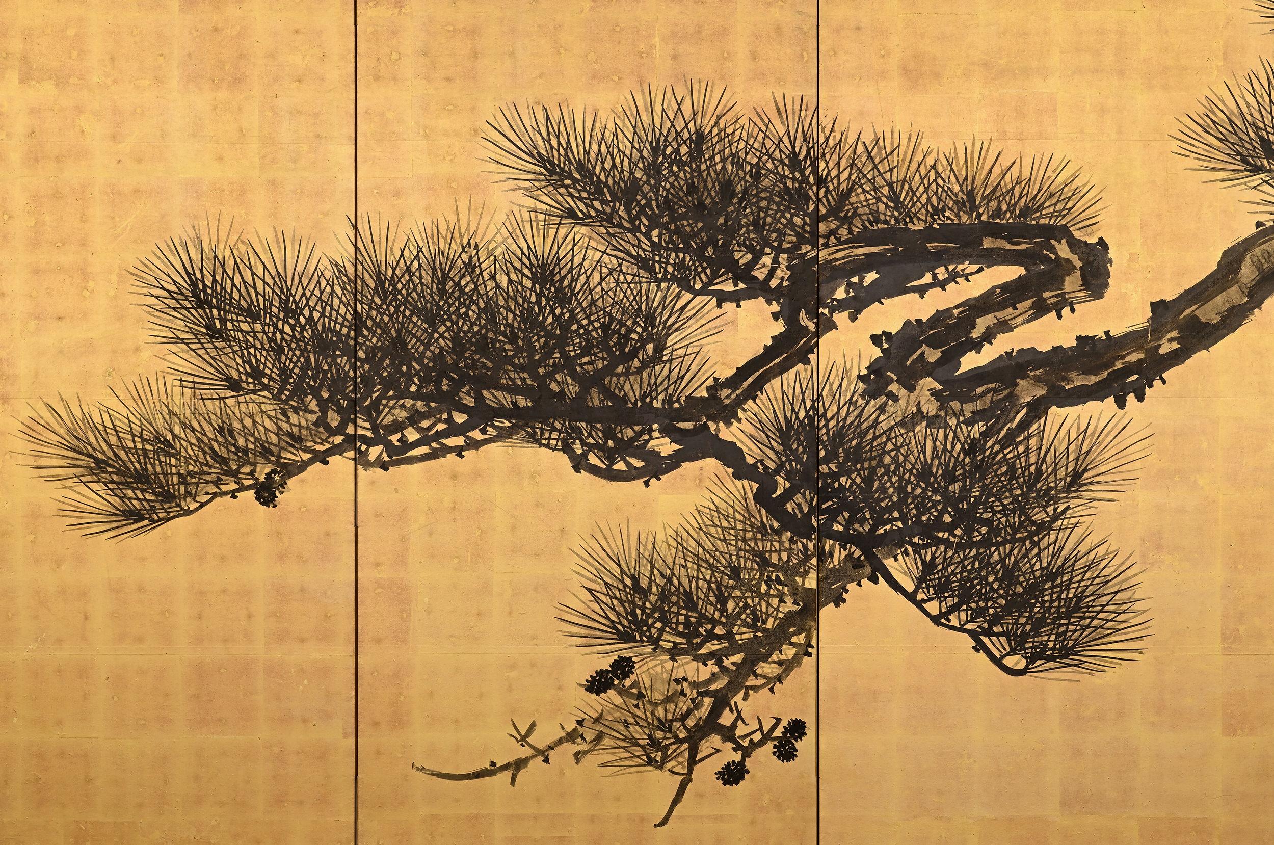 Circa 1900 Japanese Pine Screen Pair. Aged Dragons by Suzuki Shonen. In Good Condition In Kyoto, JP