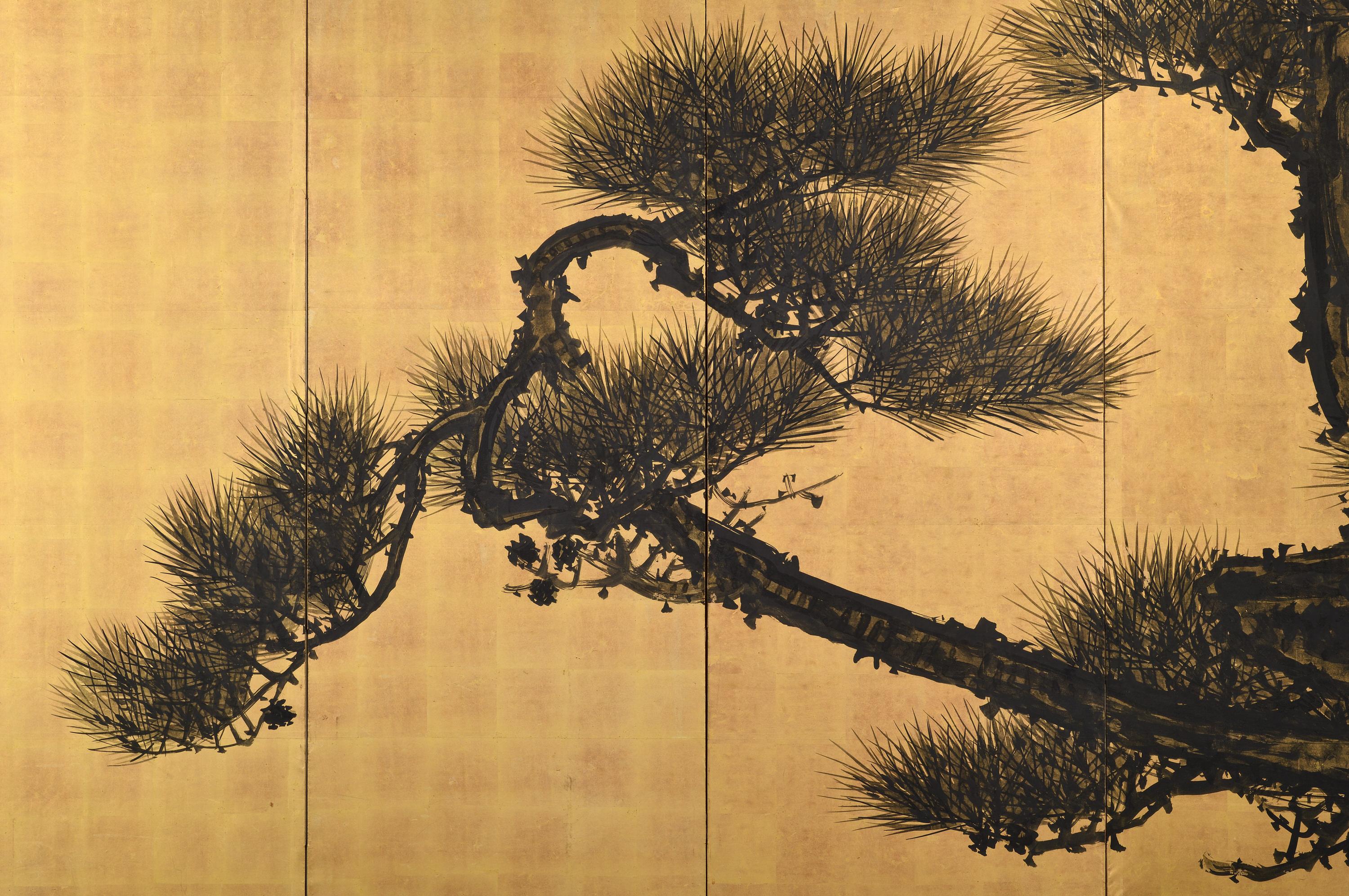 Gold Leaf Circa 1900 Japanese Pine Screen Pair. Aged Dragons by Suzuki Shonen. For Sale