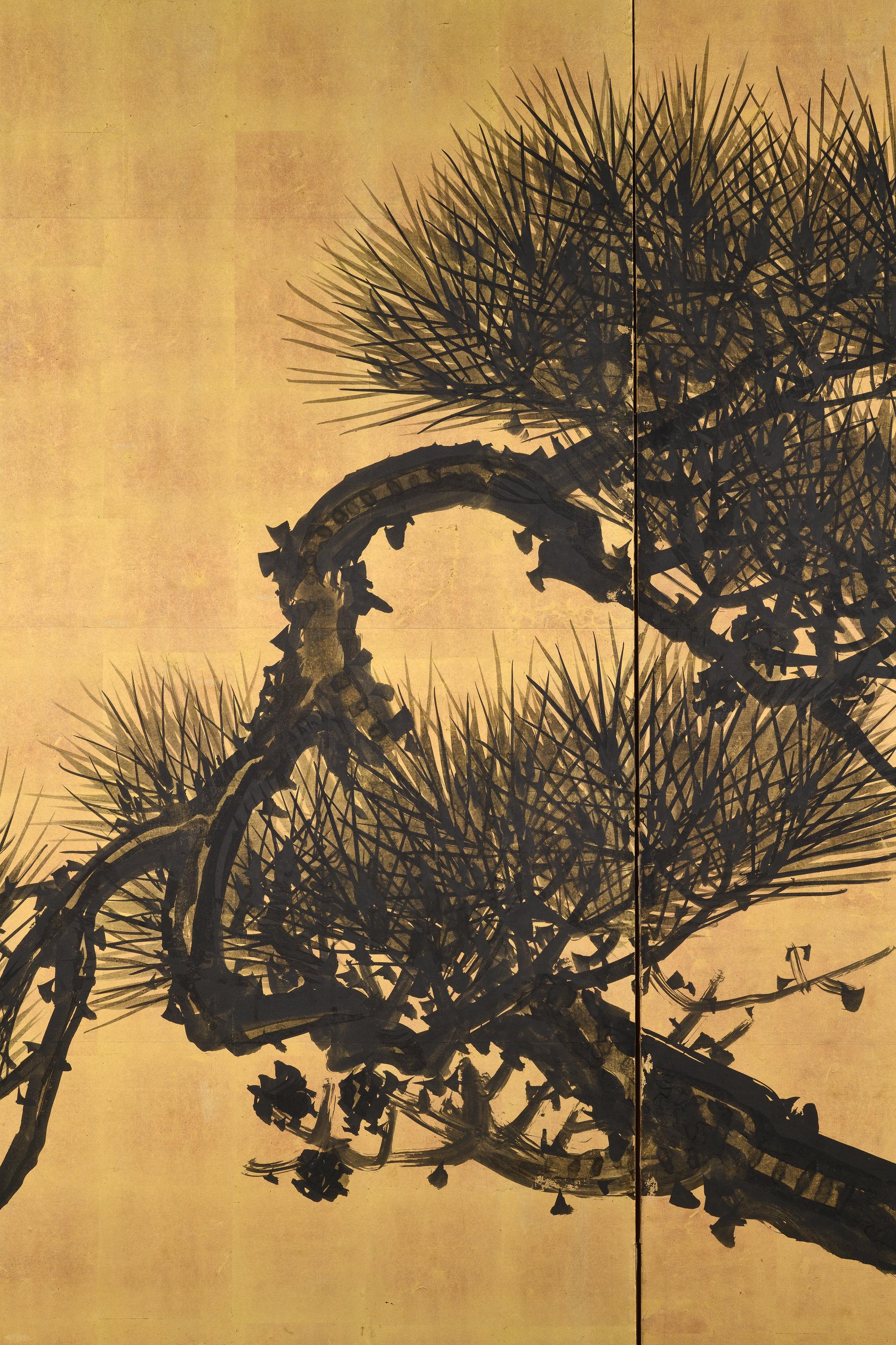 Circa 1900 Japanese Pine Screen Pair. Aged Dragons by Suzuki Shonen. For Sale 1