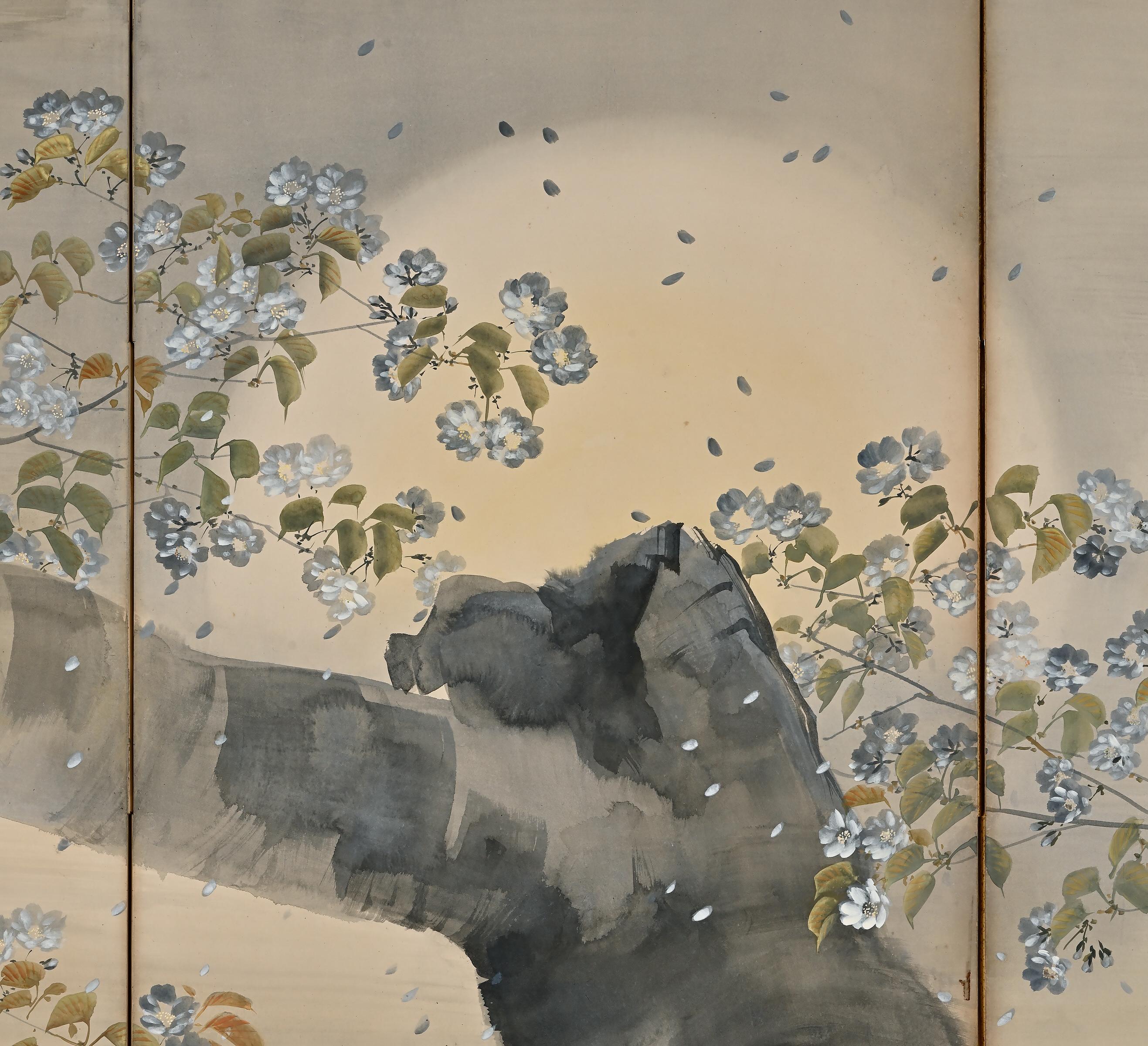Circa 1900 Japanese Screen. Cherry Blossoms in Moonlight. Meiji period. In Good Condition For Sale In Kyoto, JP