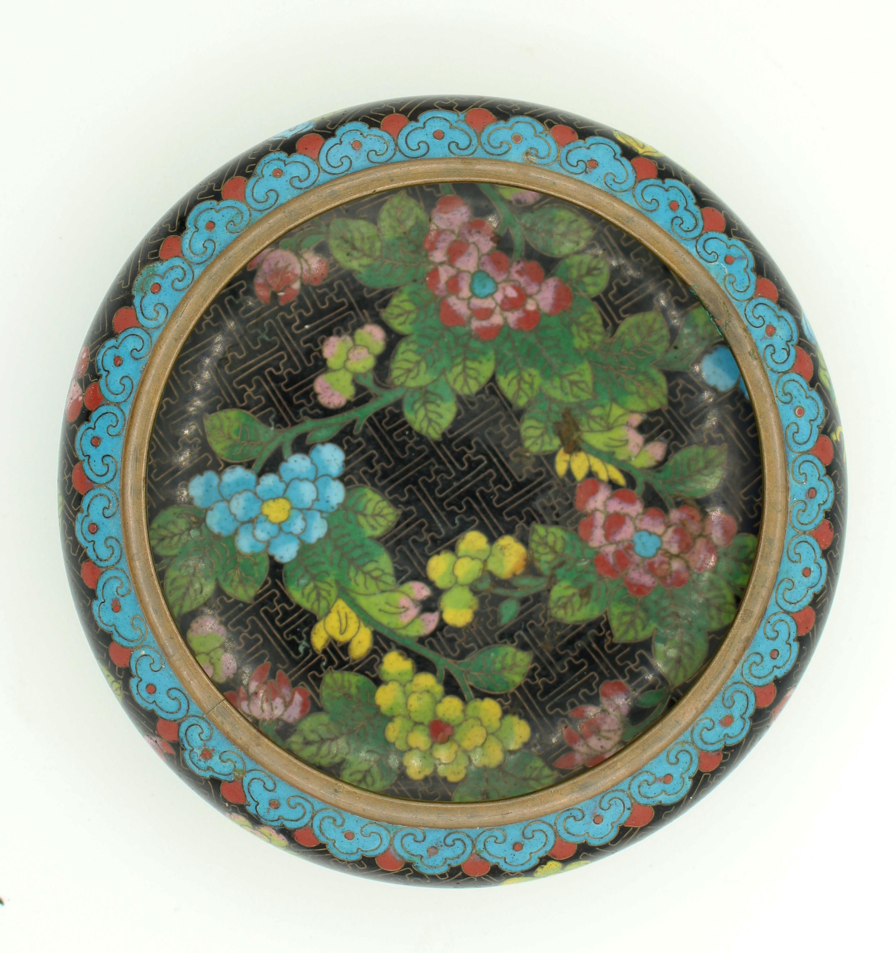 Qing dynasty cloisonné bowl, circa 1900 late Chinese. Brass cloisons and enamel on brass. Chrysanthemums & spider chrysanthemum decoration; good shading in the color fields. Measures; 6 1/2