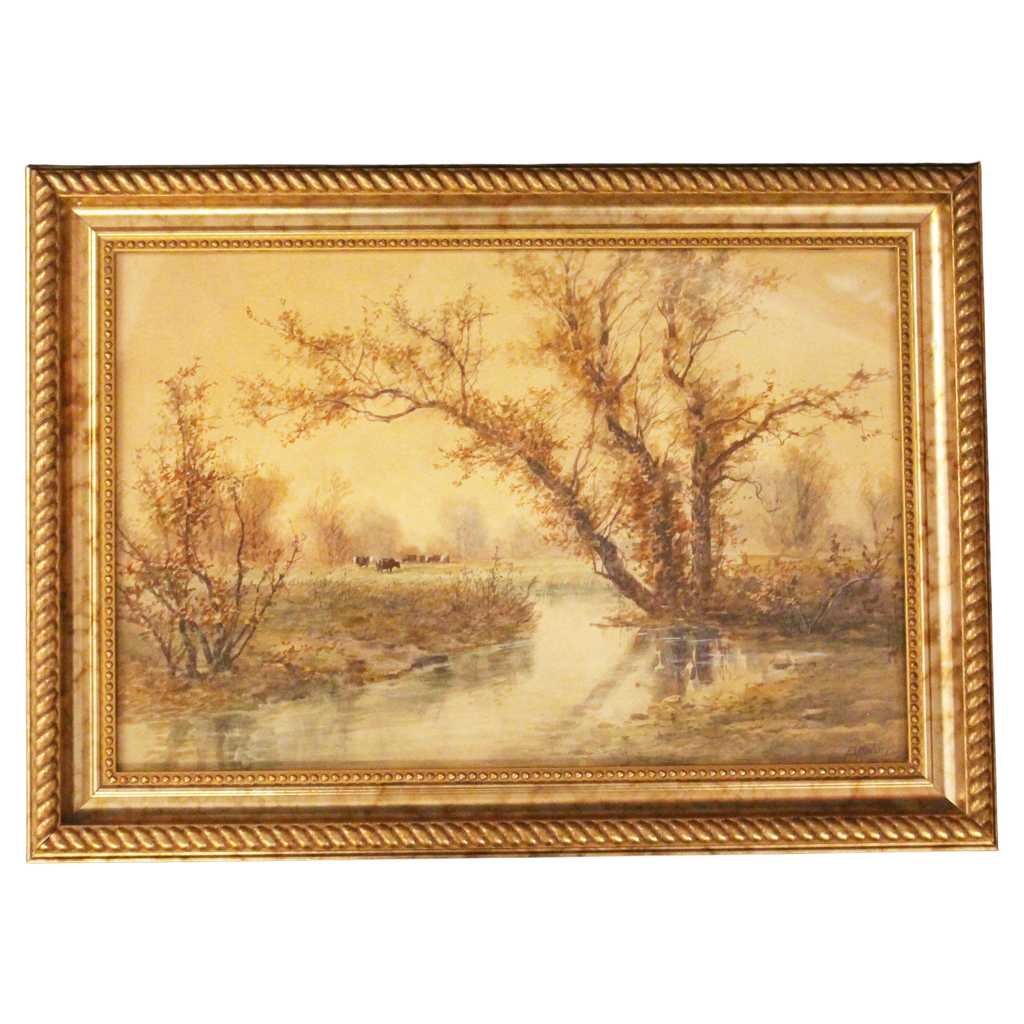 CIRCA 1900 "Fauler Bach mit Kühen" Aquarell von Francis Stayman Medairy