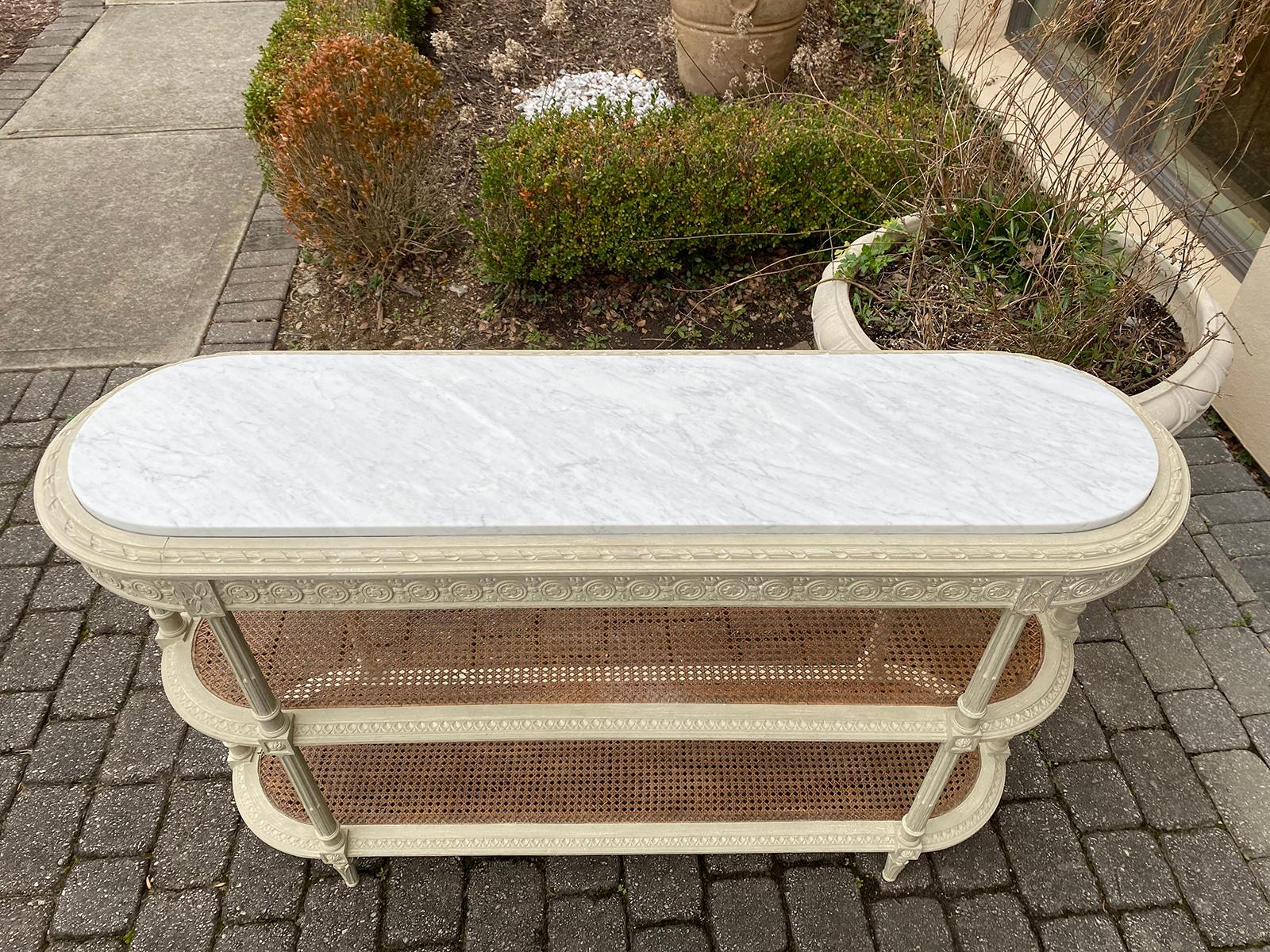 Early 20th Century Circa 1900 Louis XVI Style Marble Top 3 Tiered Console, White Carrara Marble Top