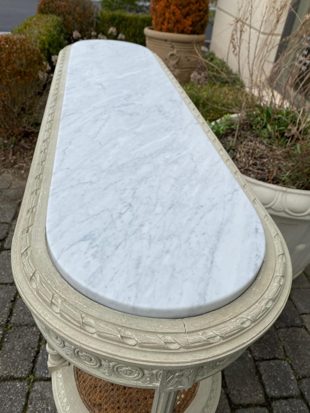 Circa 1900 Louis XVI Style Marble Top 3 Tiered Console, White Carrara Marble Top 2
