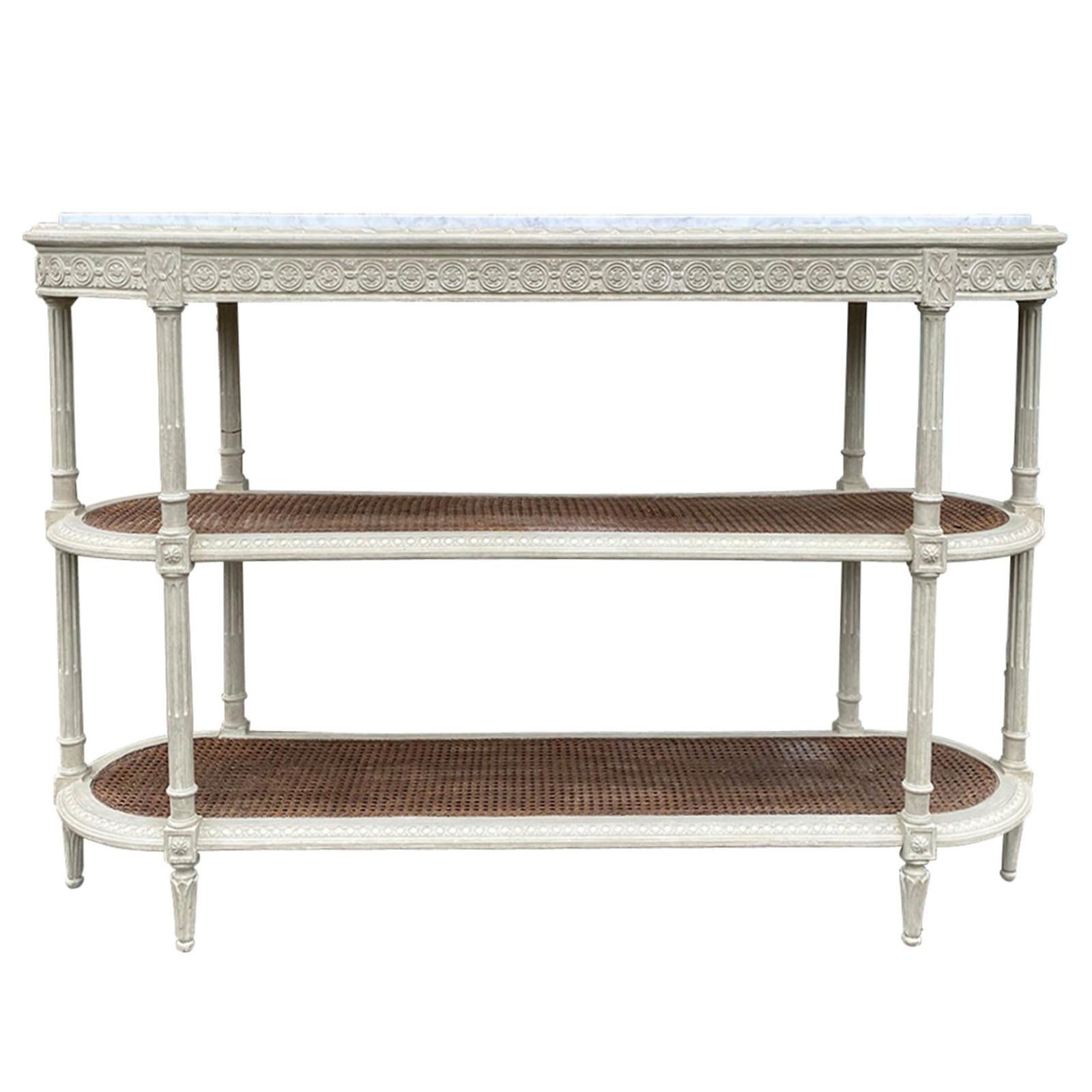 Circa 1900 Louis XVI Style Marble Top 3 Tiered Console, White Carrara Marble Top