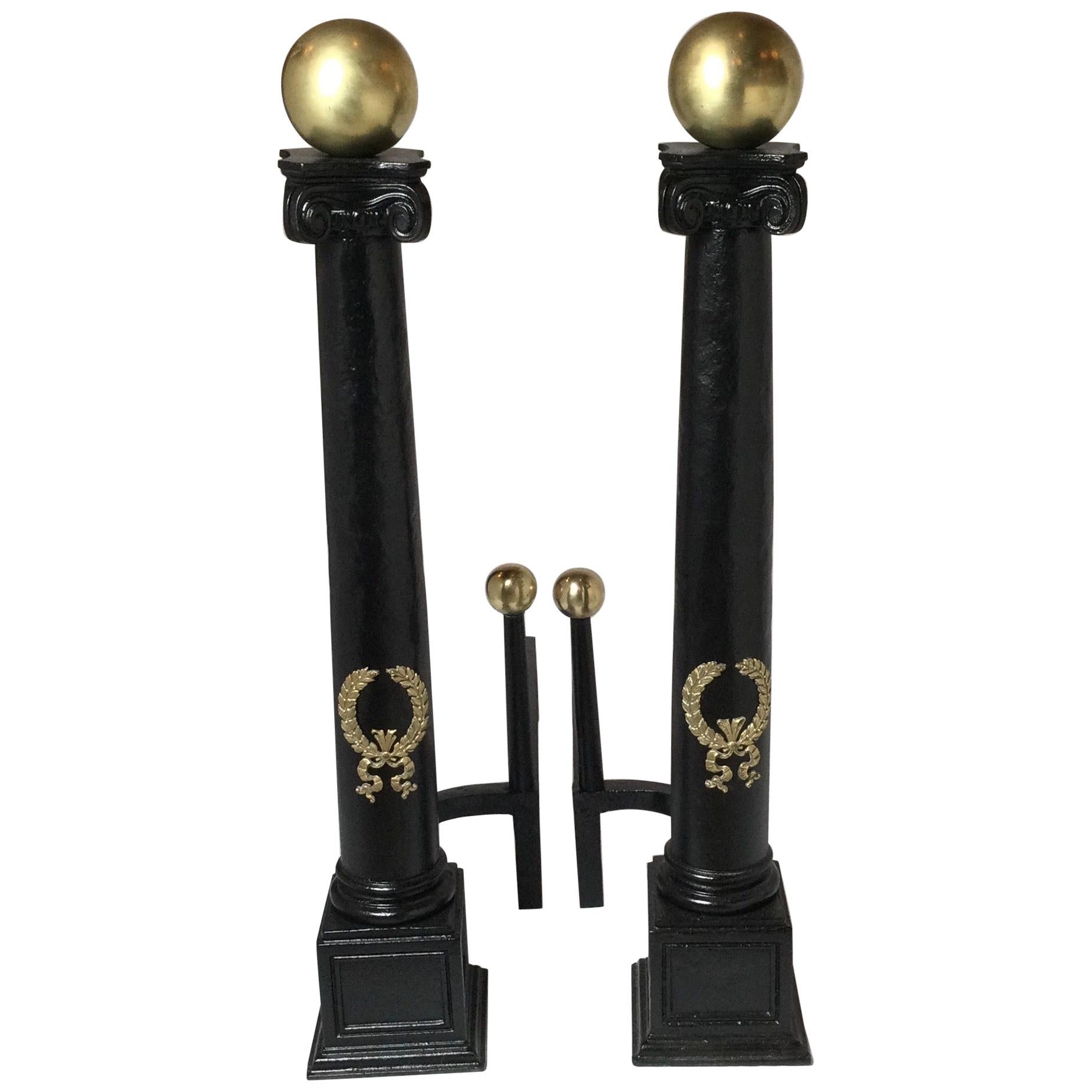Circa 1900 Monumental Column Andirons With Large Brass Ball And Wreath Mounts
Large iron column capped with brass ball and wreath, Recently cleaned, polished and painted.
Great for a large fireplace.
  Dimensions: 36.5