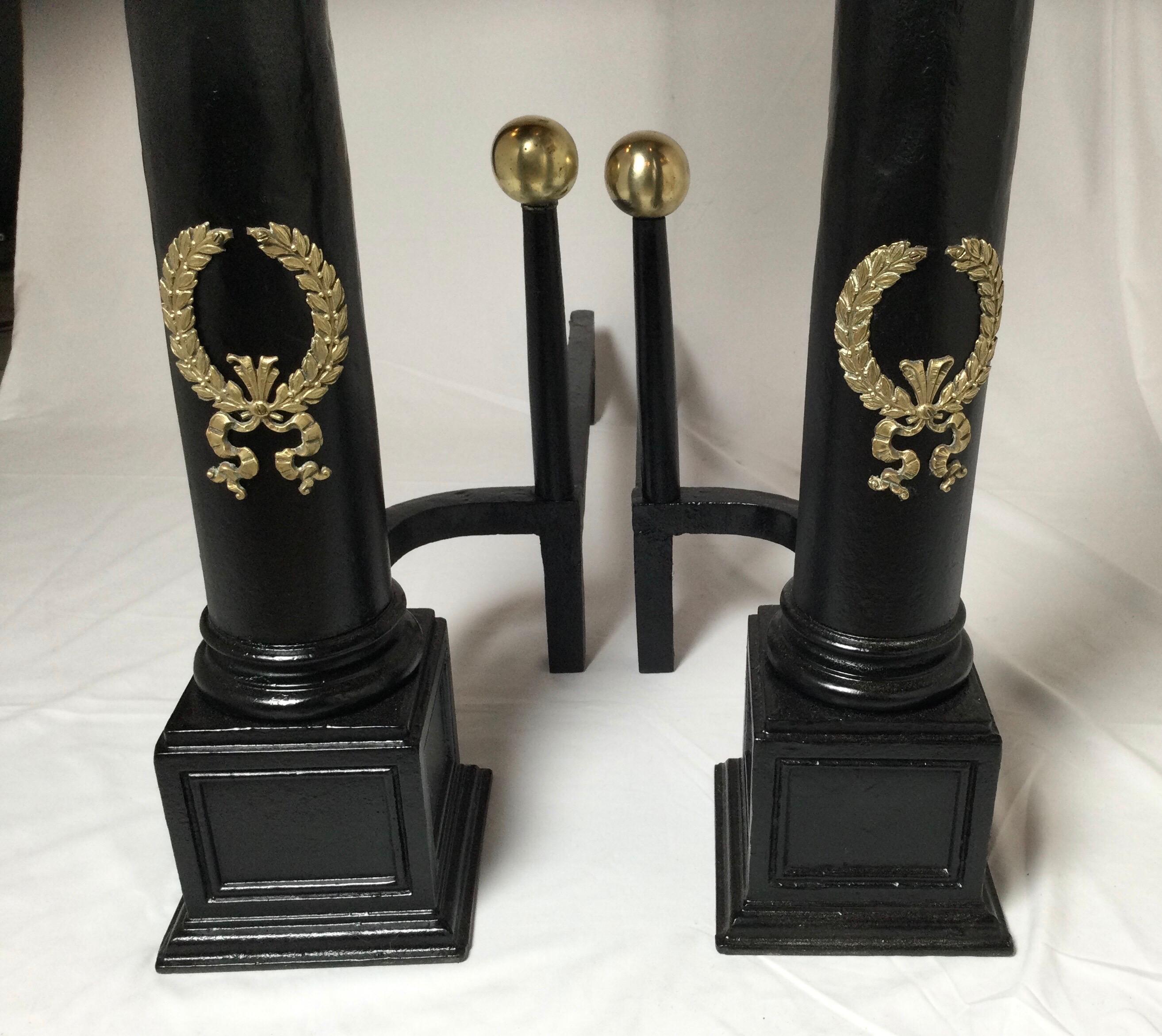American Circa 1900 Monumental Column Andirons With Large Brass Ball And Wreath Mounts