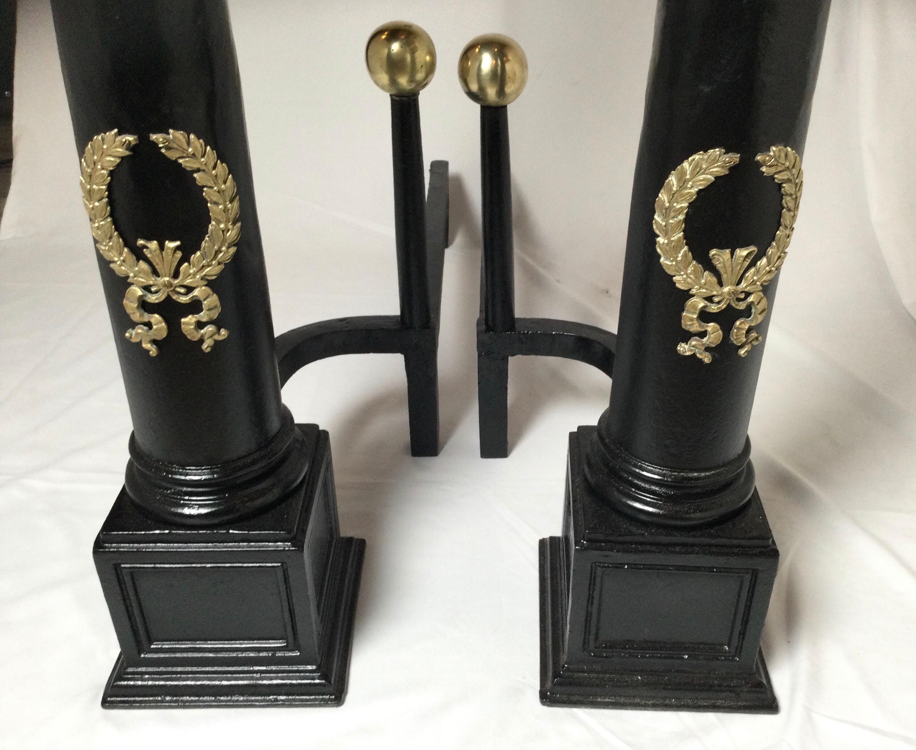 Circa 1900 Monumental Column Andirons With Large Brass Ball And Wreath Mounts In Good Condition In Lambertville, NJ