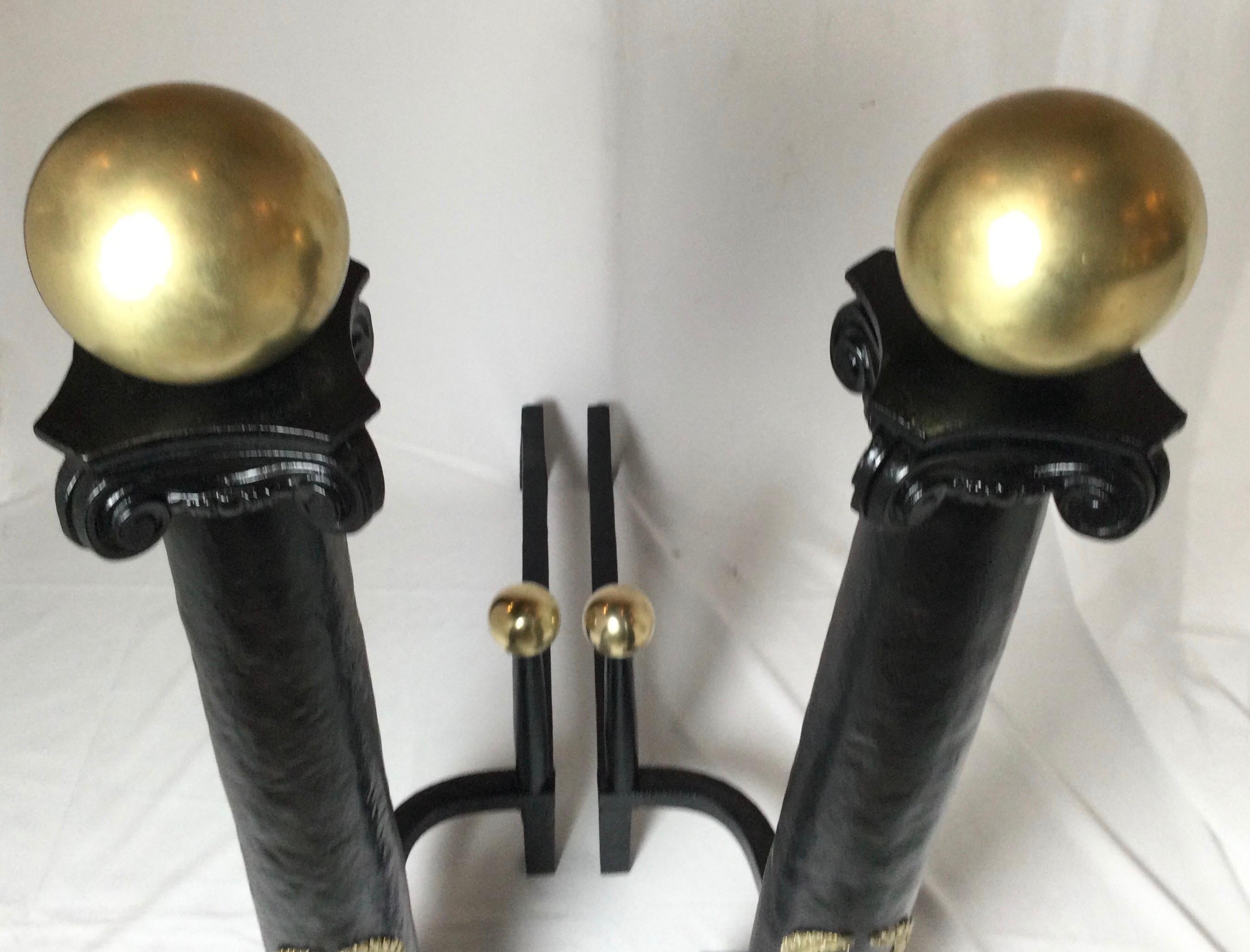 20th Century Circa 1900 Monumental Column Andirons With Large Brass Ball And Wreath Mounts