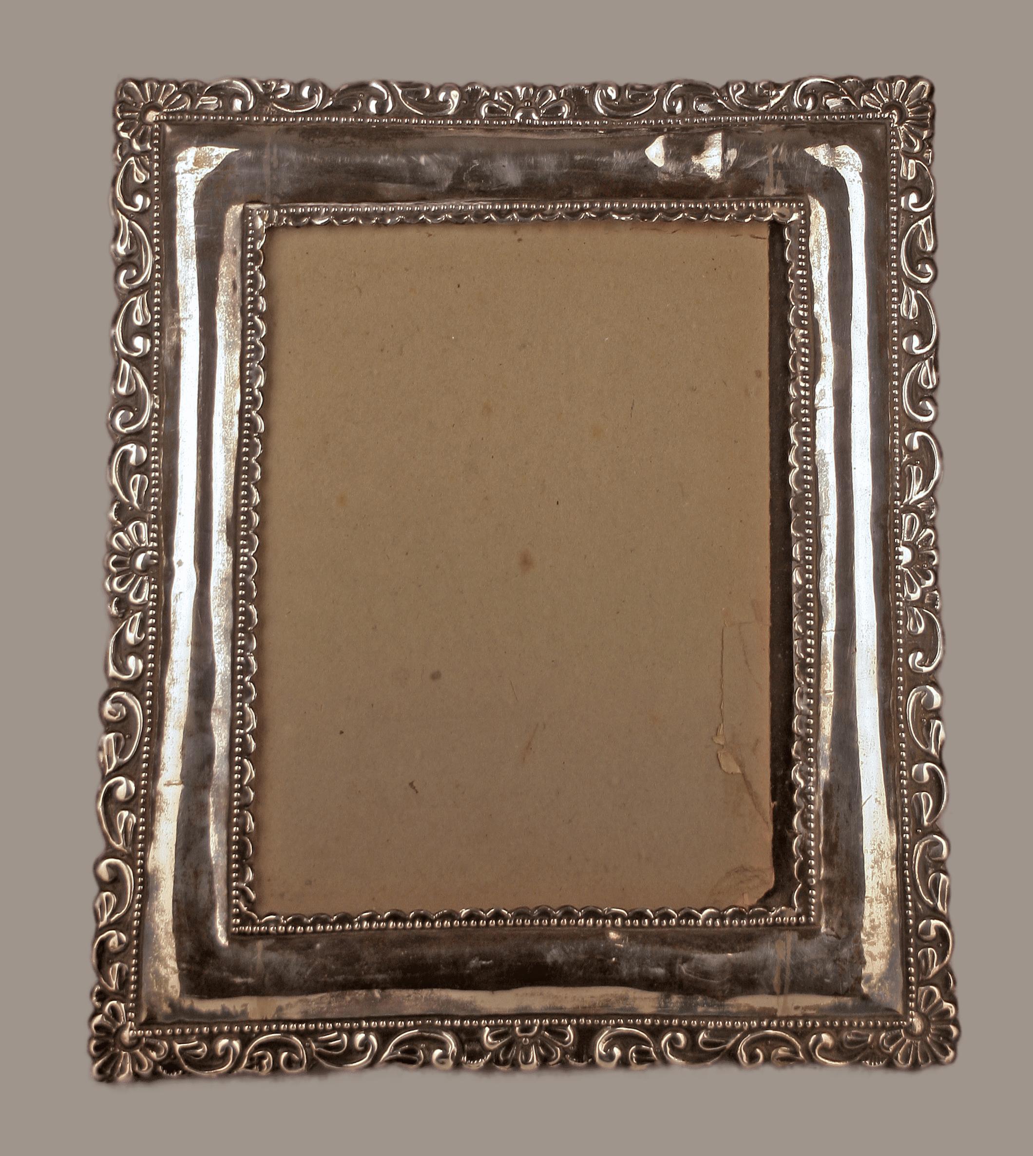 Spanish Circa 1900 Neoclassical Wooden Frame with Repoussé Silvered Metal Front Plate For Sale