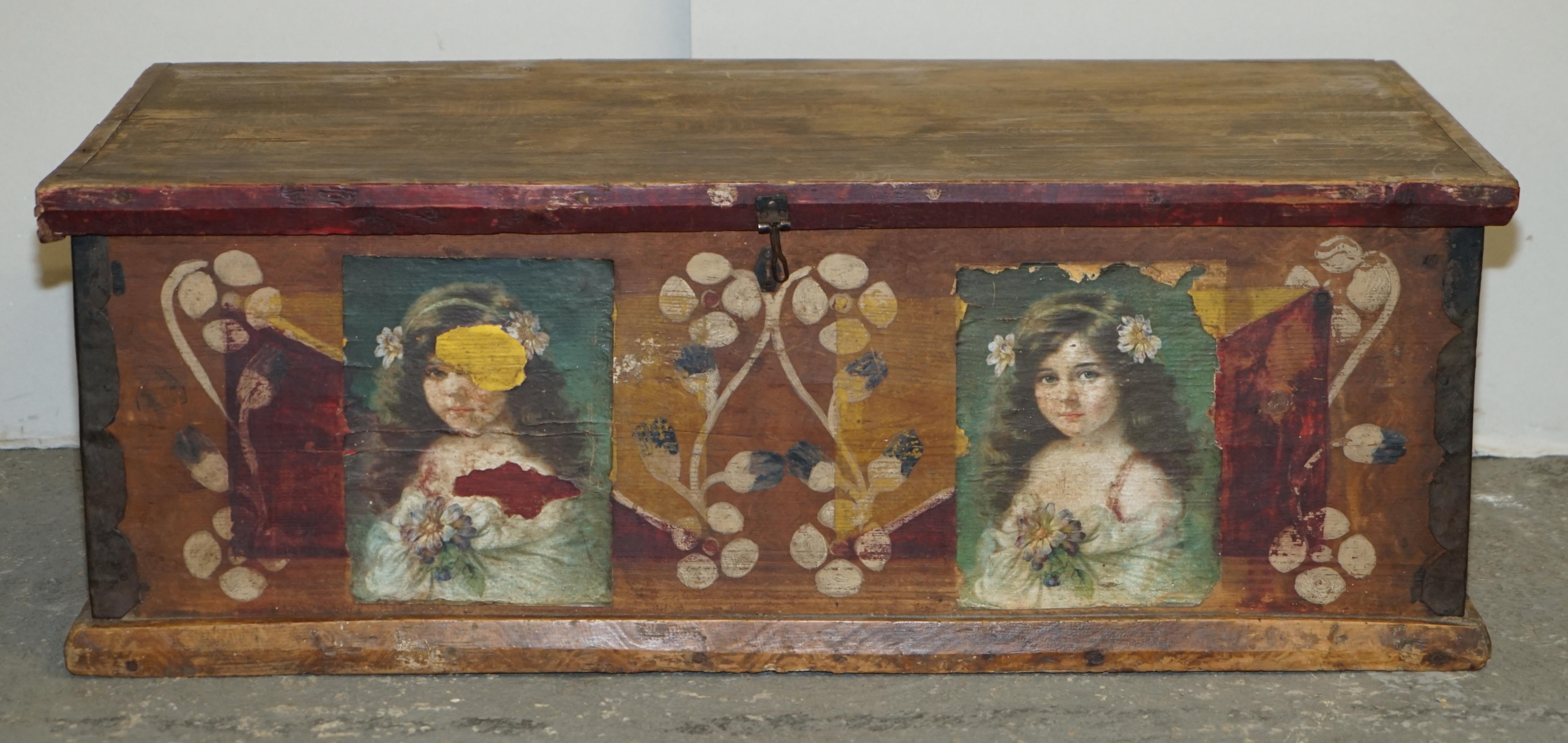 We are delighted to offer for sale this stunning, circa 1900 hand painted Romanian clothes trunk or marriage coffer chest depicting Children's portraits and floral paintings 

I have recently purchased a very large collection of these original,
