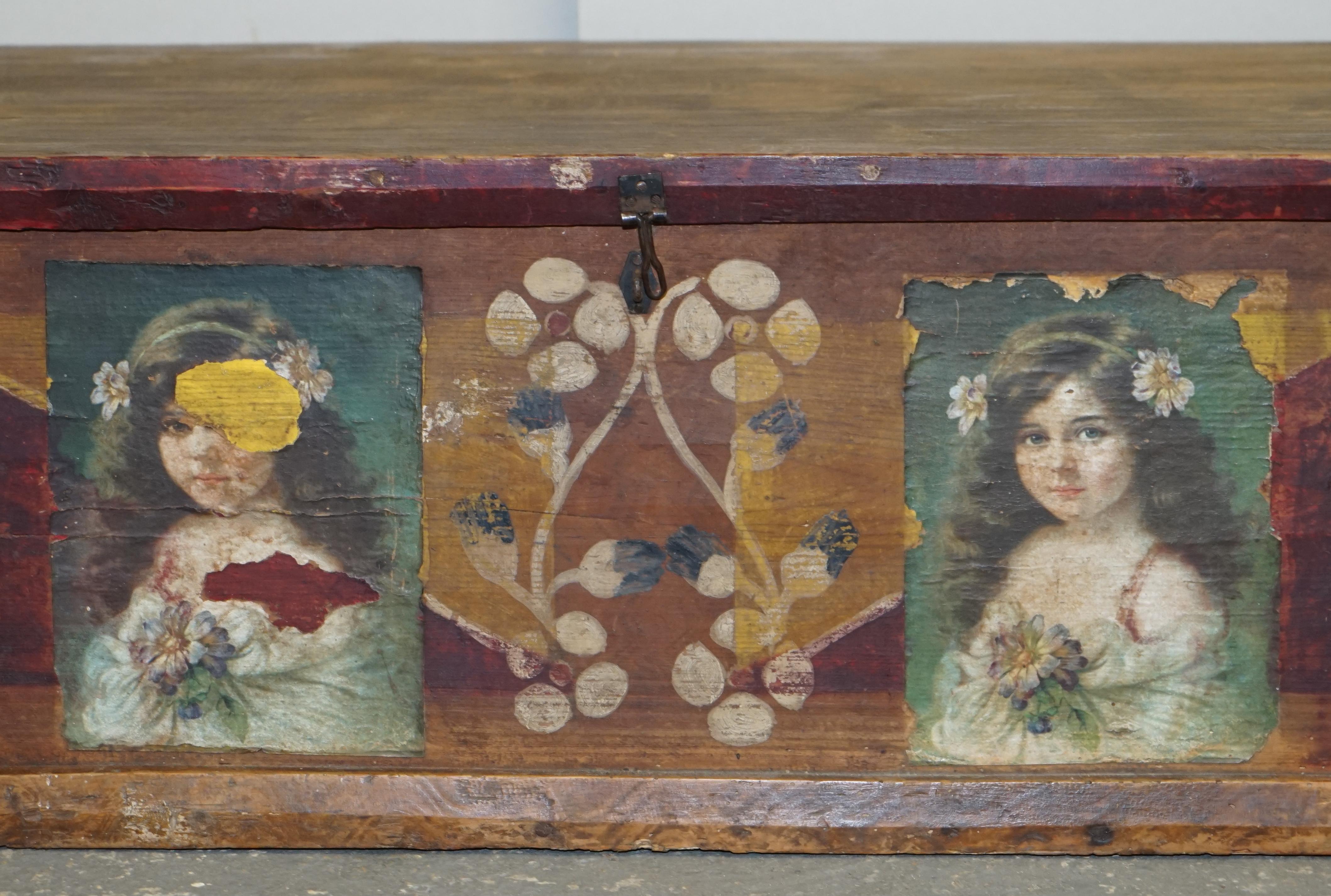 High Victorian circa 1900 Original Paint Romanian Blanket Chest Coffer Trunk Children Pictures For Sale