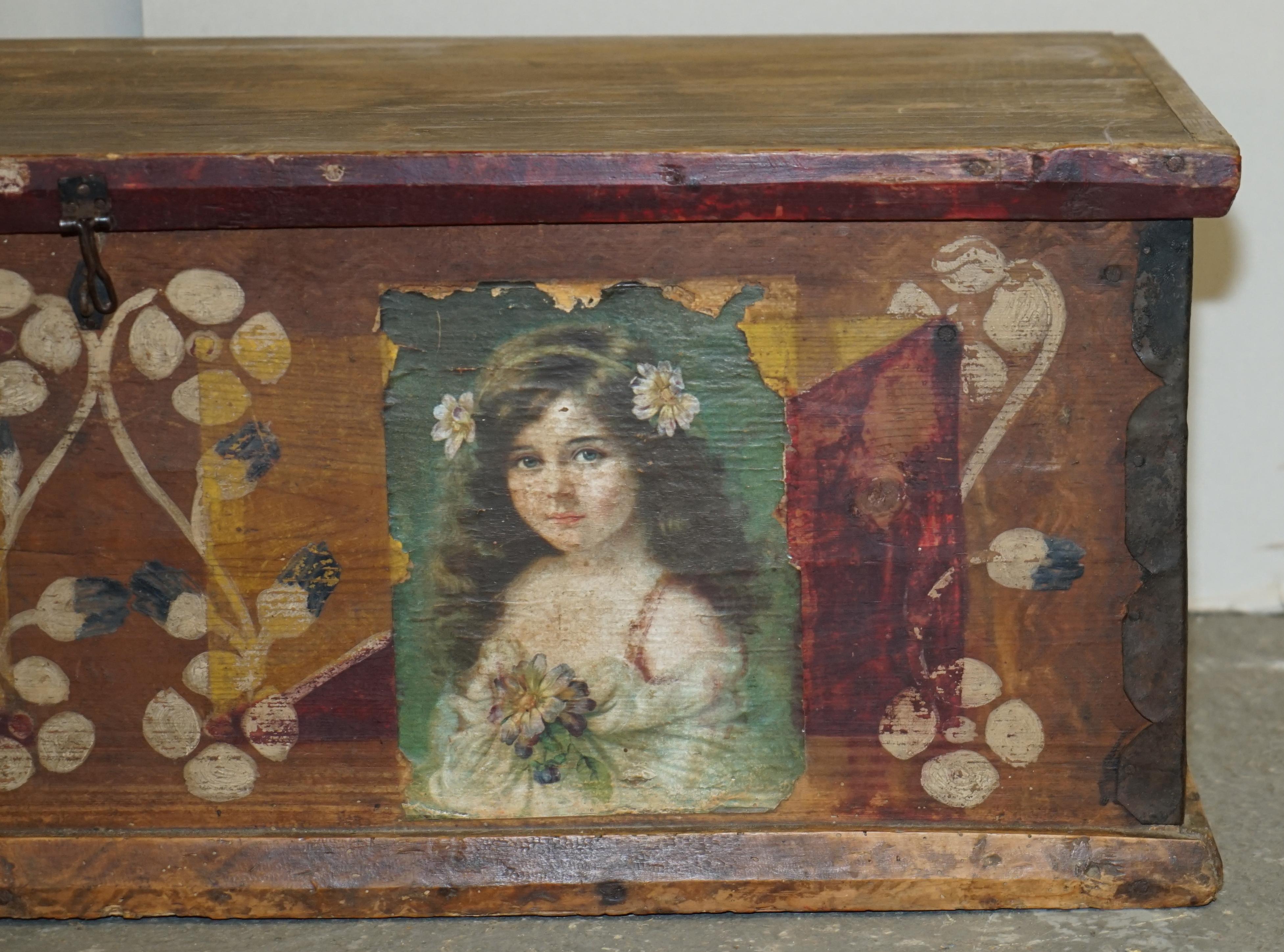 European circa 1900 Original Paint Romanian Blanket Chest Coffer Trunk Children Pictures For Sale