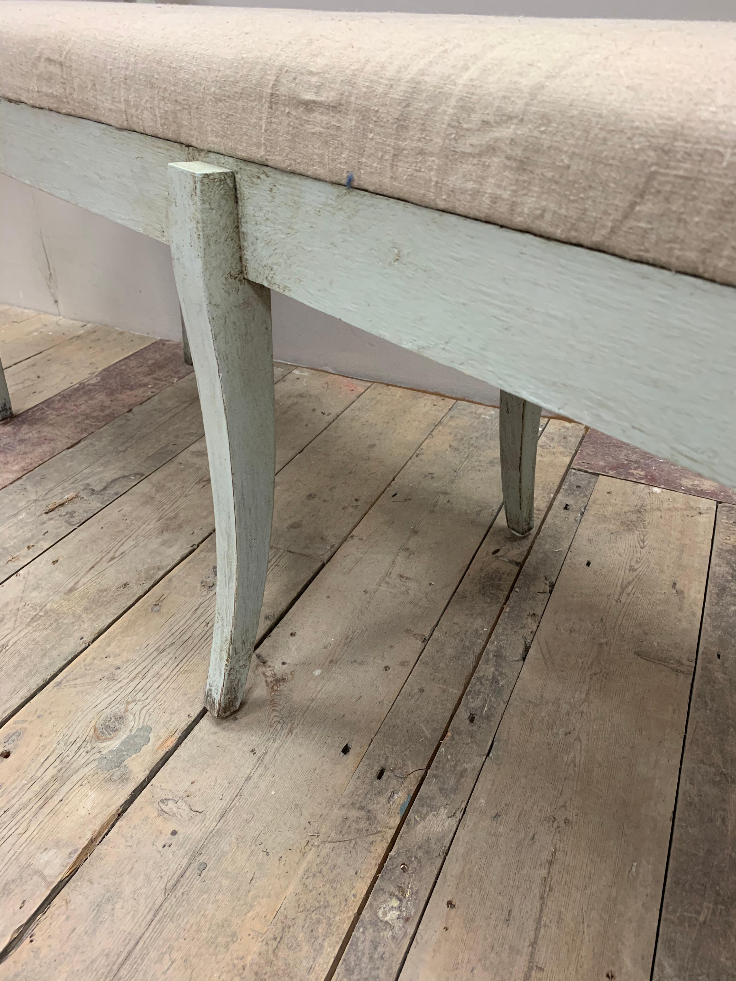 Country Circa 1900 Painted Pale Green/Blue Swedish Bench with an Upholstered Seat