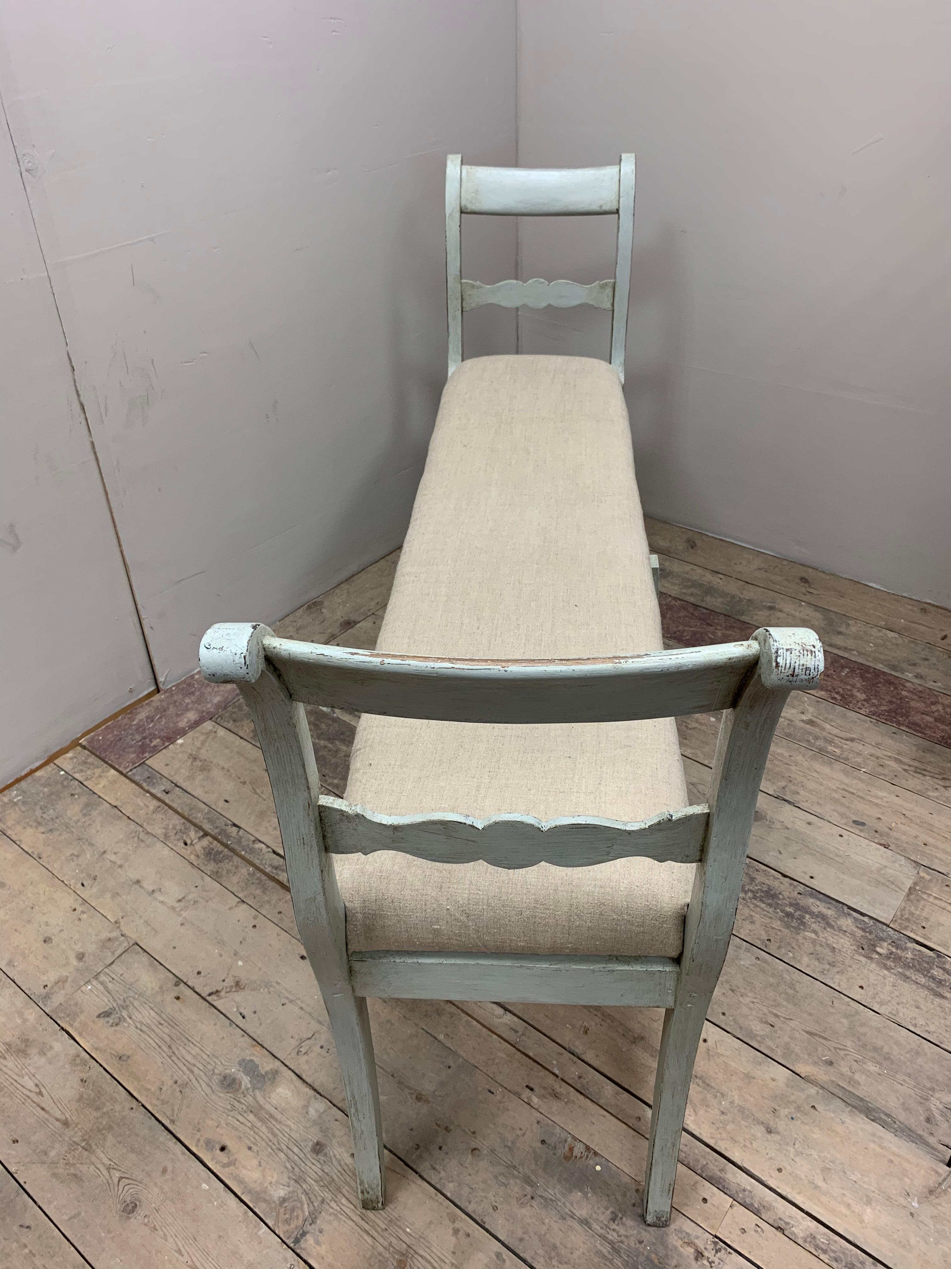 Early 20th Century Circa 1900 Painted Pale Green/Blue Swedish Bench with an Upholstered Seat