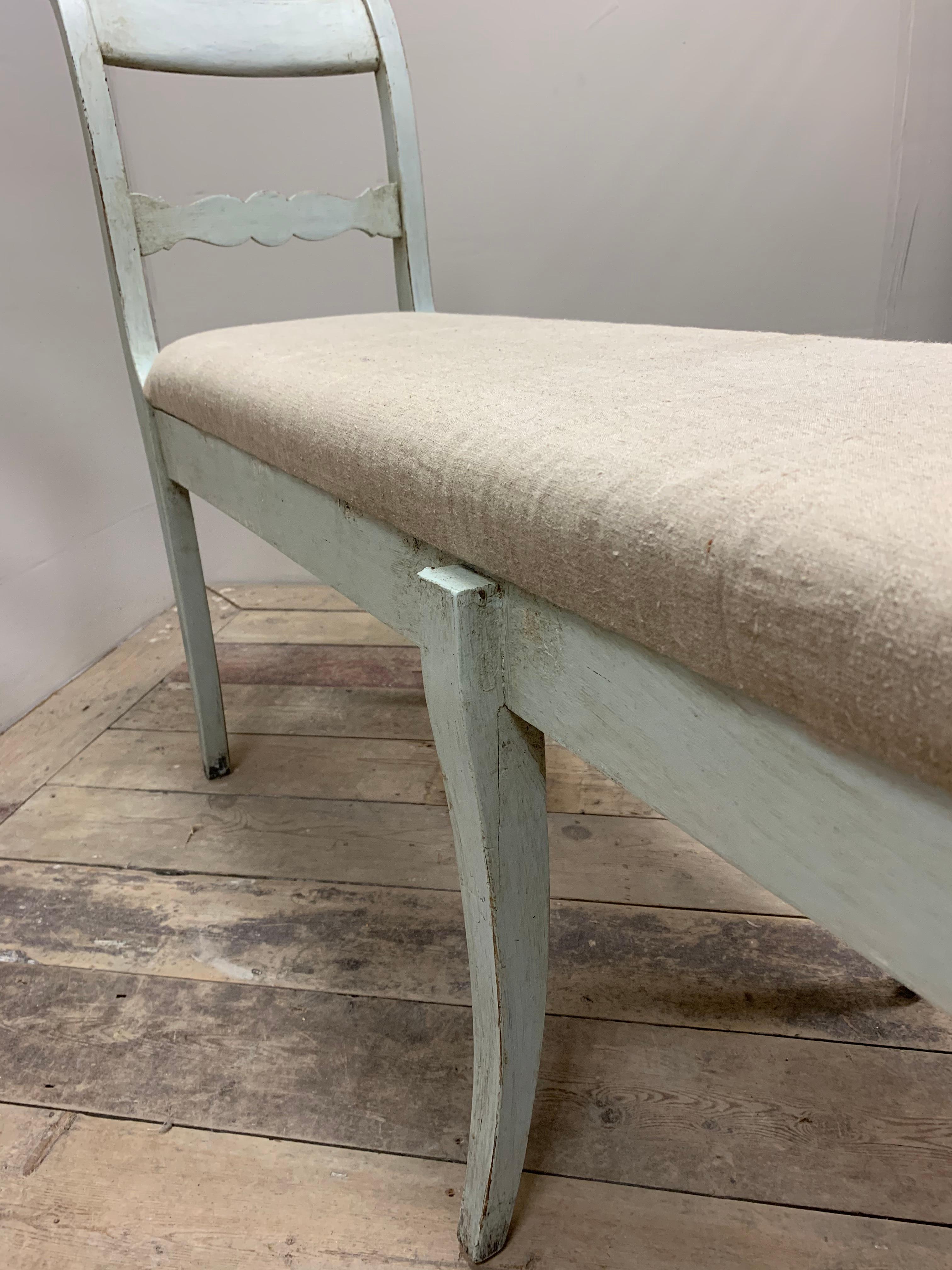 Circa 1900 Painted Pale Green/Blue Swedish Bench with an Upholstered Seat 2