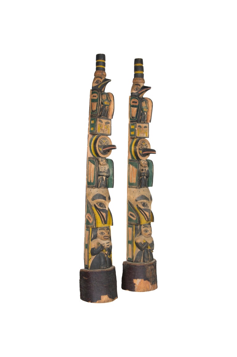 Hand-Carved Circa 1900 Pair of Northwest Coast Totems For Sale