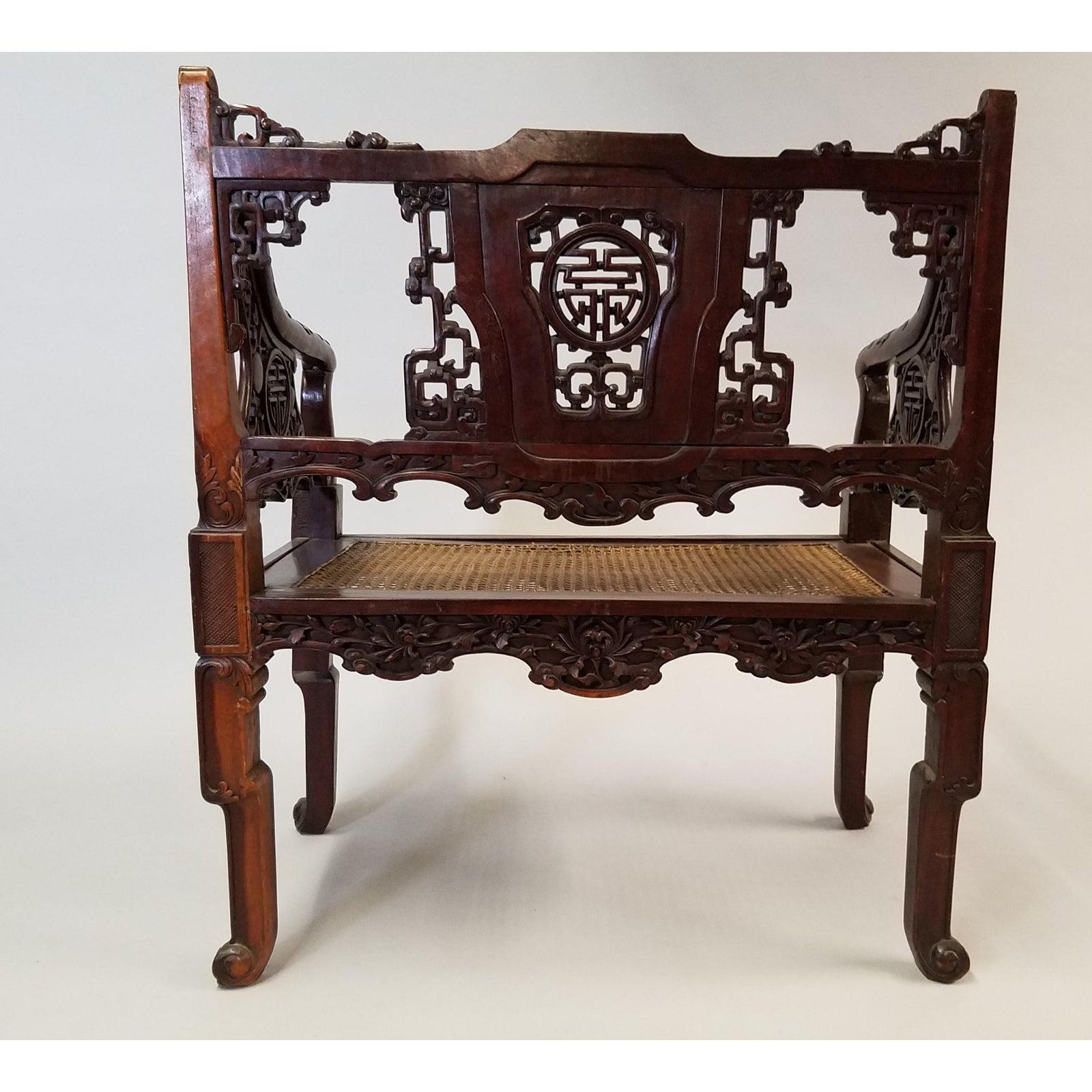 Chinese Chippendale Pair of Early 20th Century Chinese Hand Carved Mahogany Armchairs