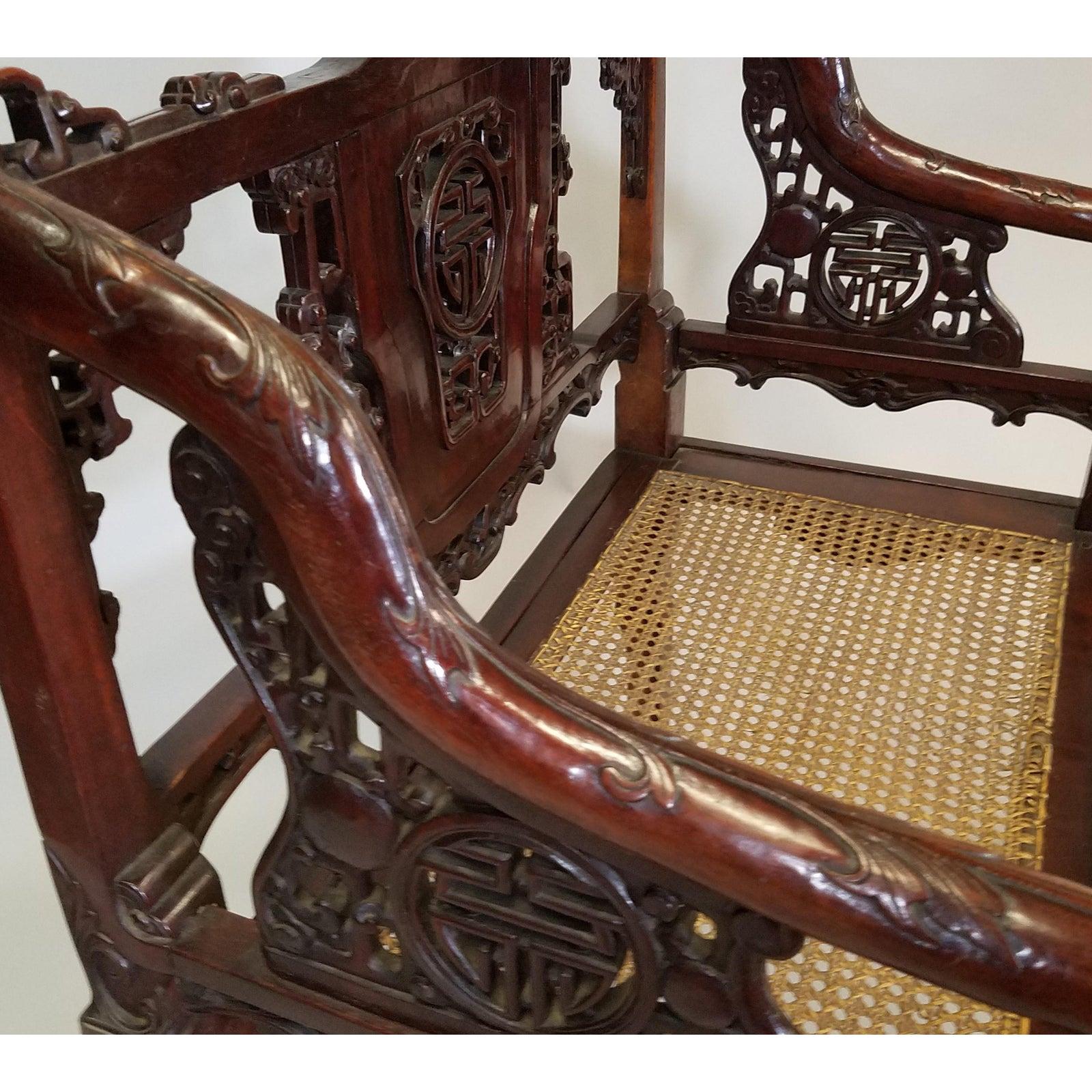 Hand-Carved Pair of Early 20th Century Chinese Hand Carved Mahogany Armchairs