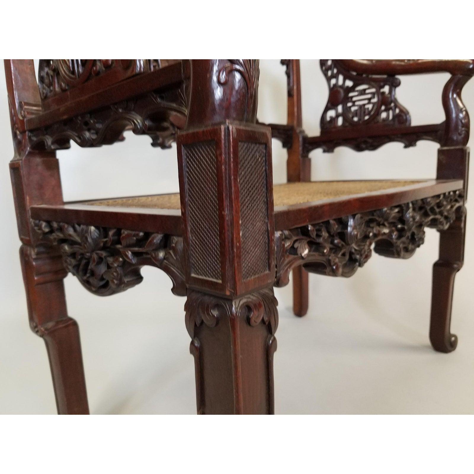 Pair of Early 20th Century Chinese Hand Carved Mahogany Armchairs 2