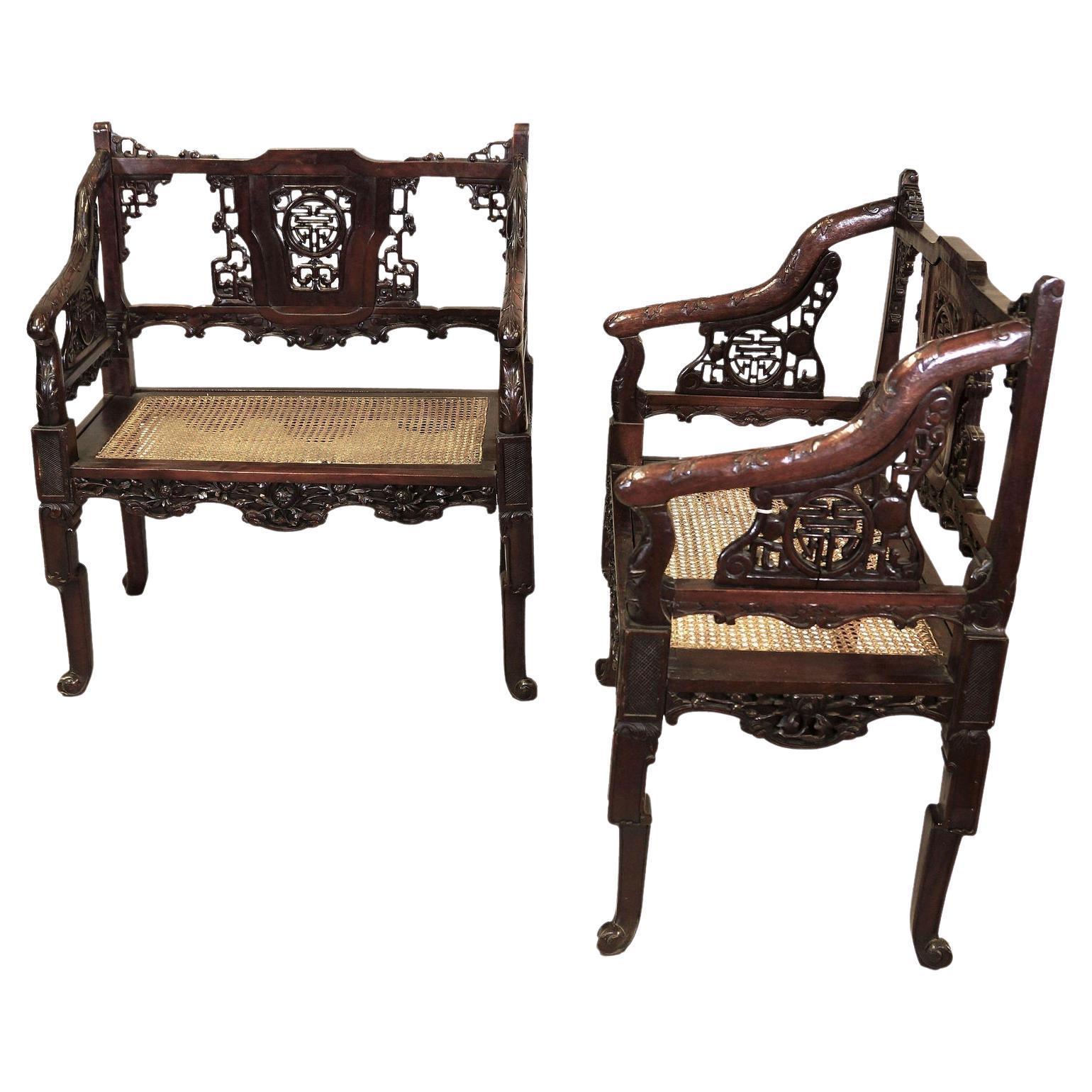 Pair of Early 20th Century Chinese Hand Carved Mahogany Armchairs